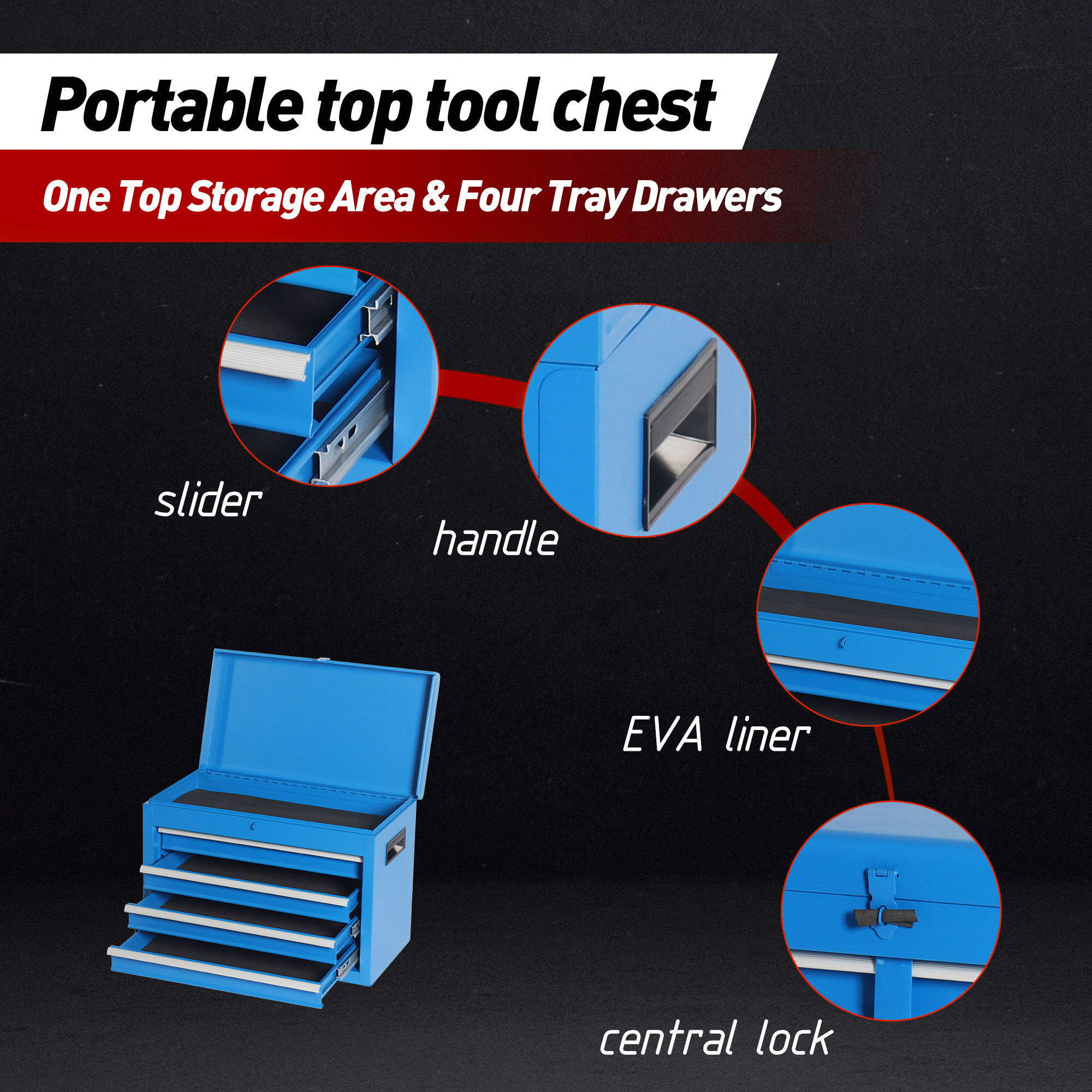 Tool Chest, 5-Drawer Rolling Tool Storage Cabinet with Detachable Top Tool Box, Liner view 4