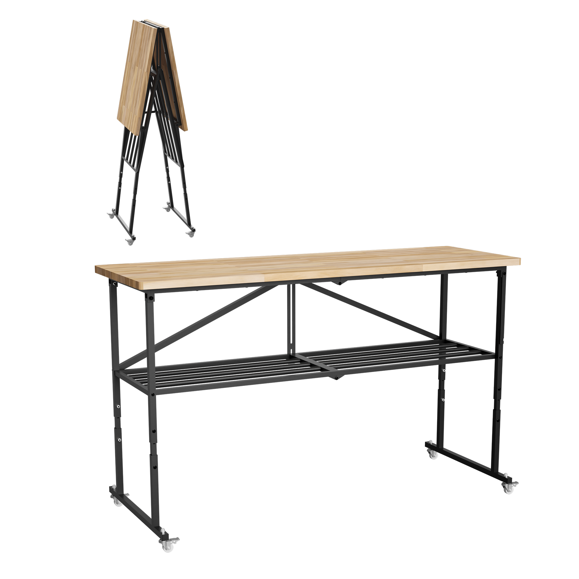 Foldable Hardwood Workbench Adjustable Wood-Top Utility Table with Locking Casters view 1