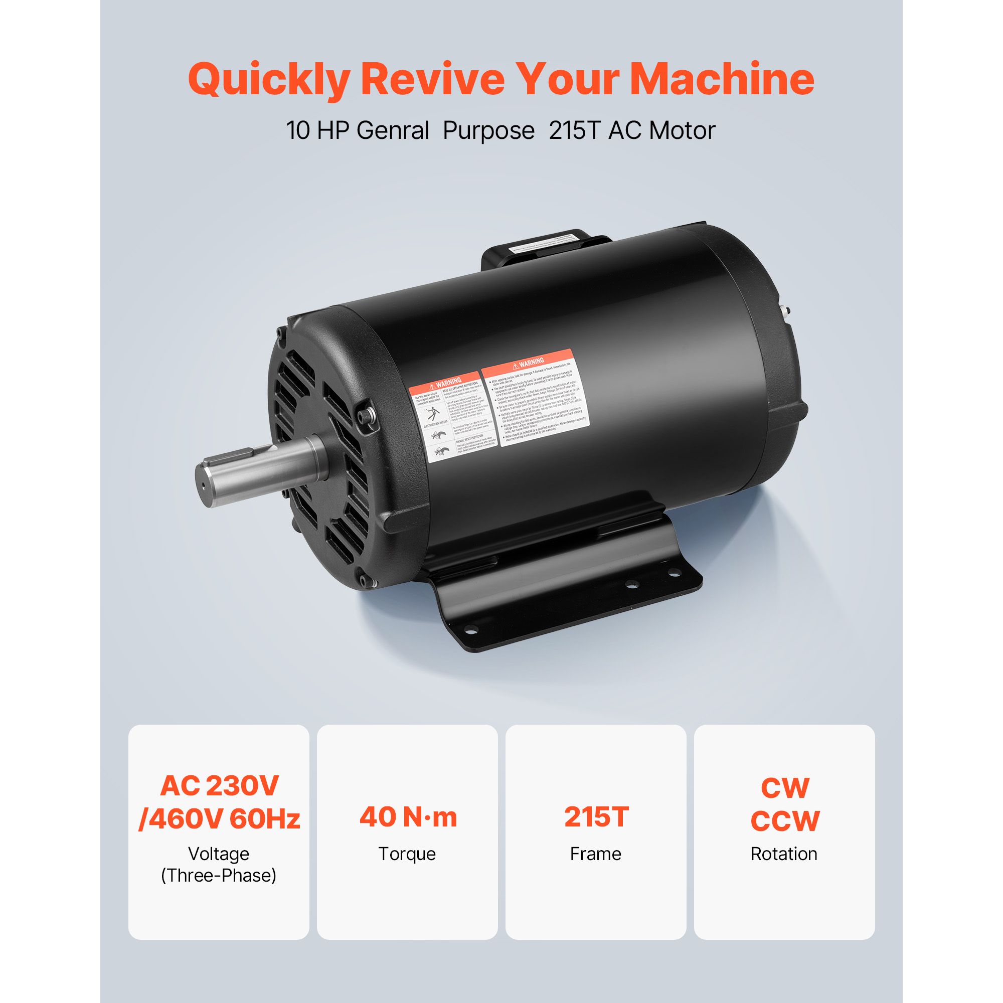 10 HP Electric Motor, 1770RPM Air Compressor Motor, CW/CCW Rotation, 1.375 Inch Shaft Diameter view 2