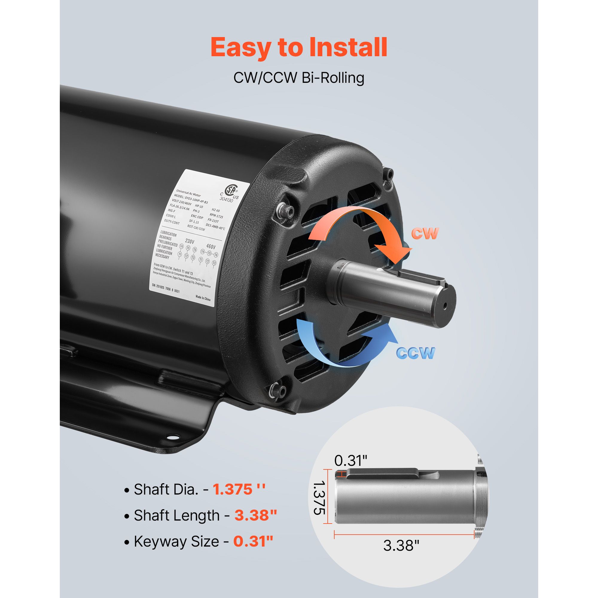 10 HP Electric Motor, 1770RPM Air Compressor Motor, CW/CCW Rotation, 1.375 Inch Shaft Diameter view 4
