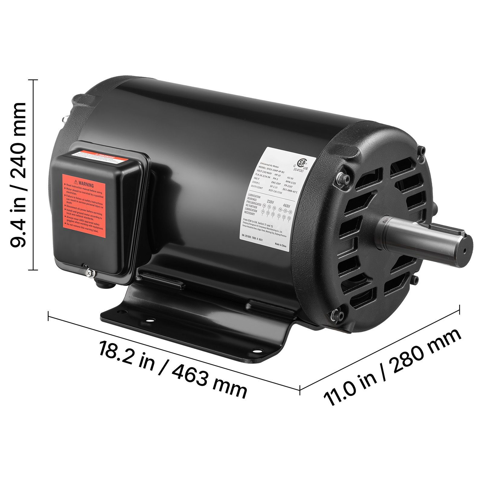 10 HP Electric Motor, 1770RPM Air Compressor Motor, CW/CCW Rotation, 1.375 Inch Shaft Diameter view 7
