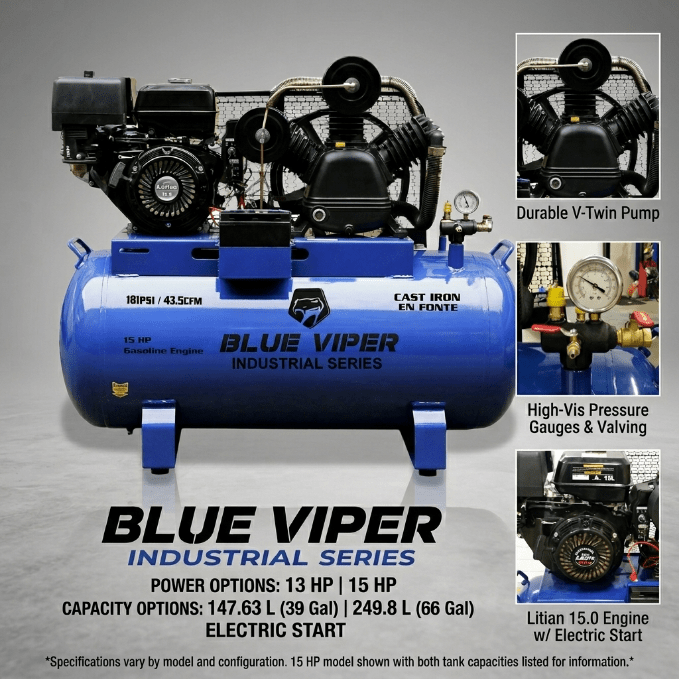 15HP & 13 HP Gas Air Compressor with Electric Start – 66 & 39 Gallon Tank Options view 2