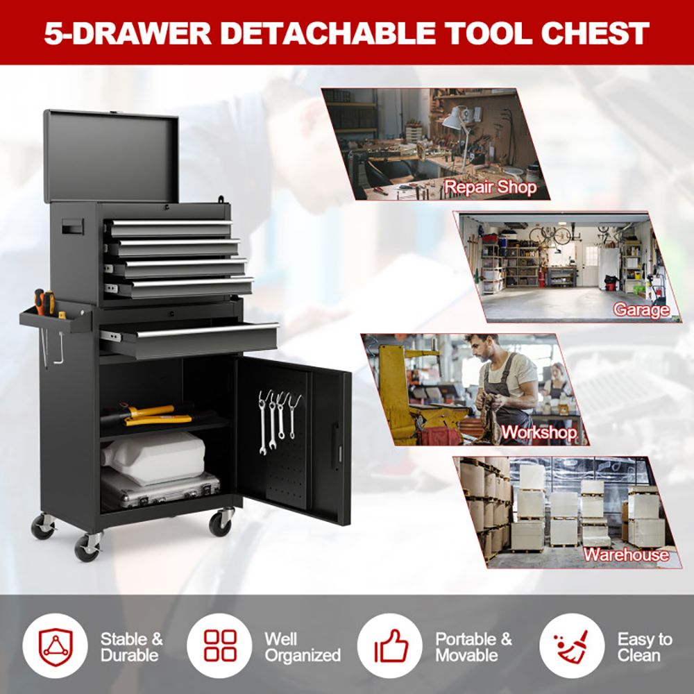 2-in-1 Rolling Tool Chest with 5 Sliding Lockable Drawers view 7