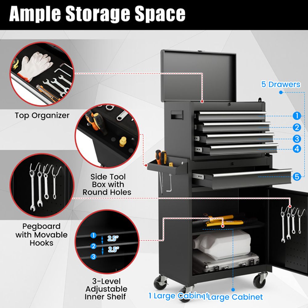 2-in-1 Rolling Tool Chest with 5 Sliding Lockable Drawers view 8