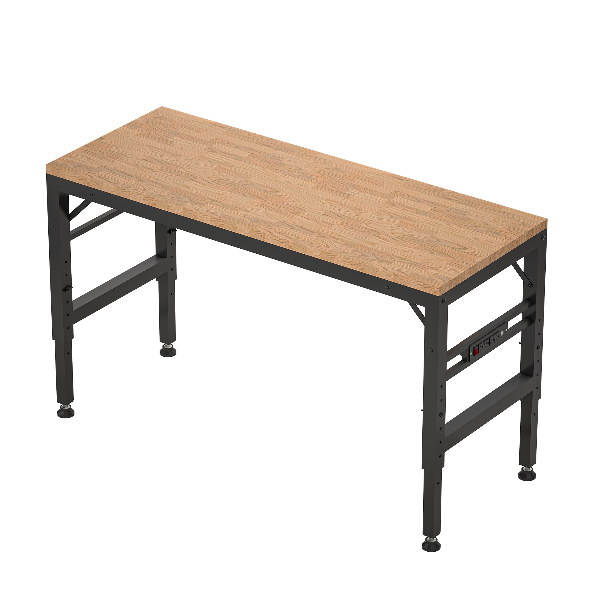 60″ Adjustable Height Workbench, Rubber Wood Top Heavy duty Workstation with Power Outlets view 1