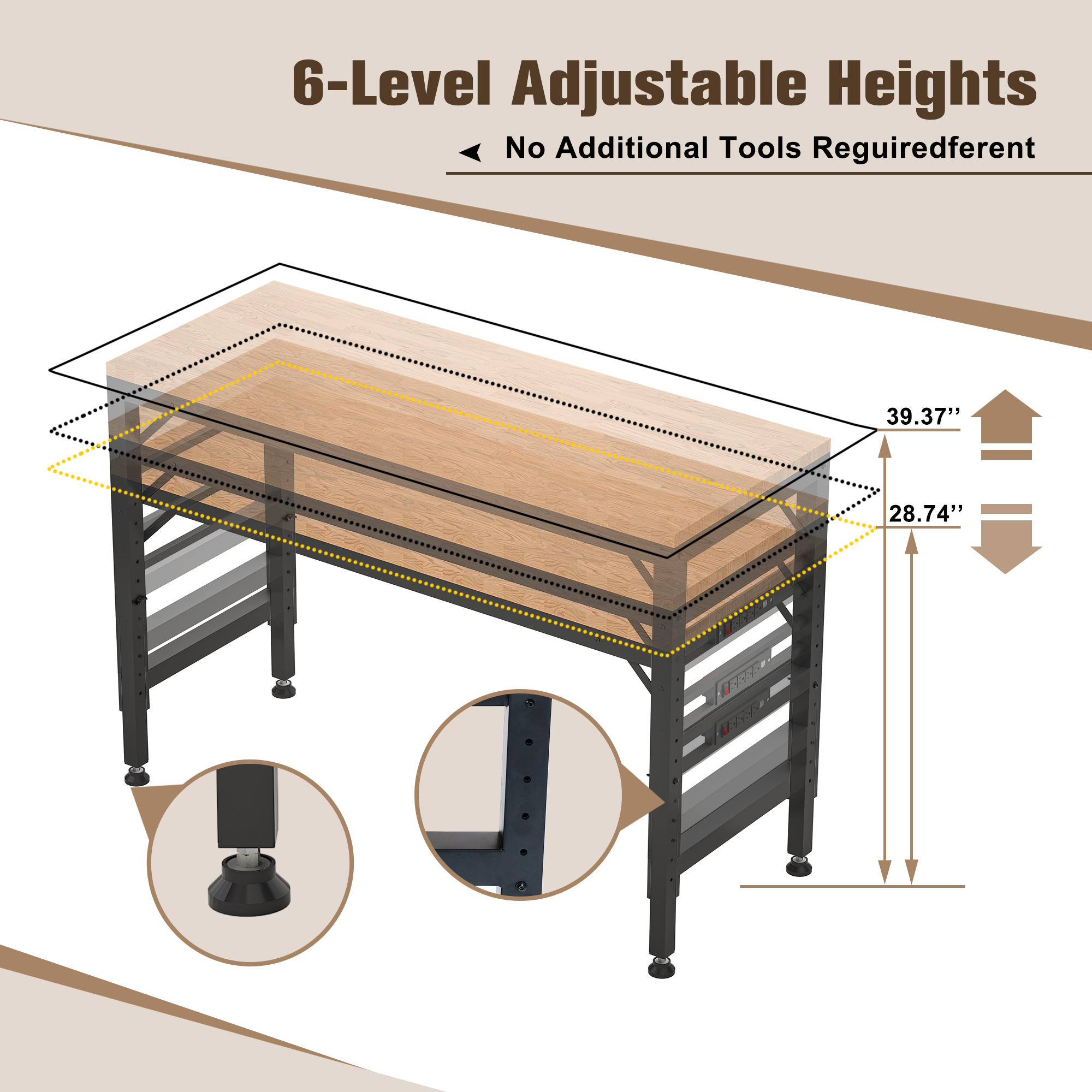 60″ Adjustable Height Workbench, Rubber Wood Top Heavy duty Workstation with Power Outlets view 7