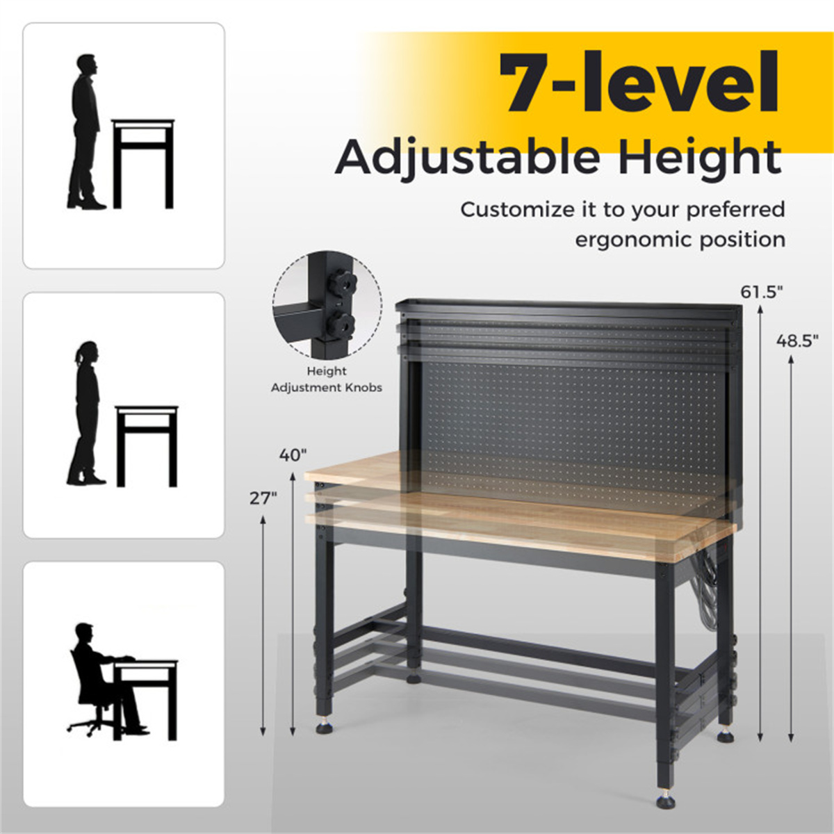 48″ Heavy-Duty Workbench 2000LBS Capacity 7-Level Height Adjustable with Built-in Power Strip view 6