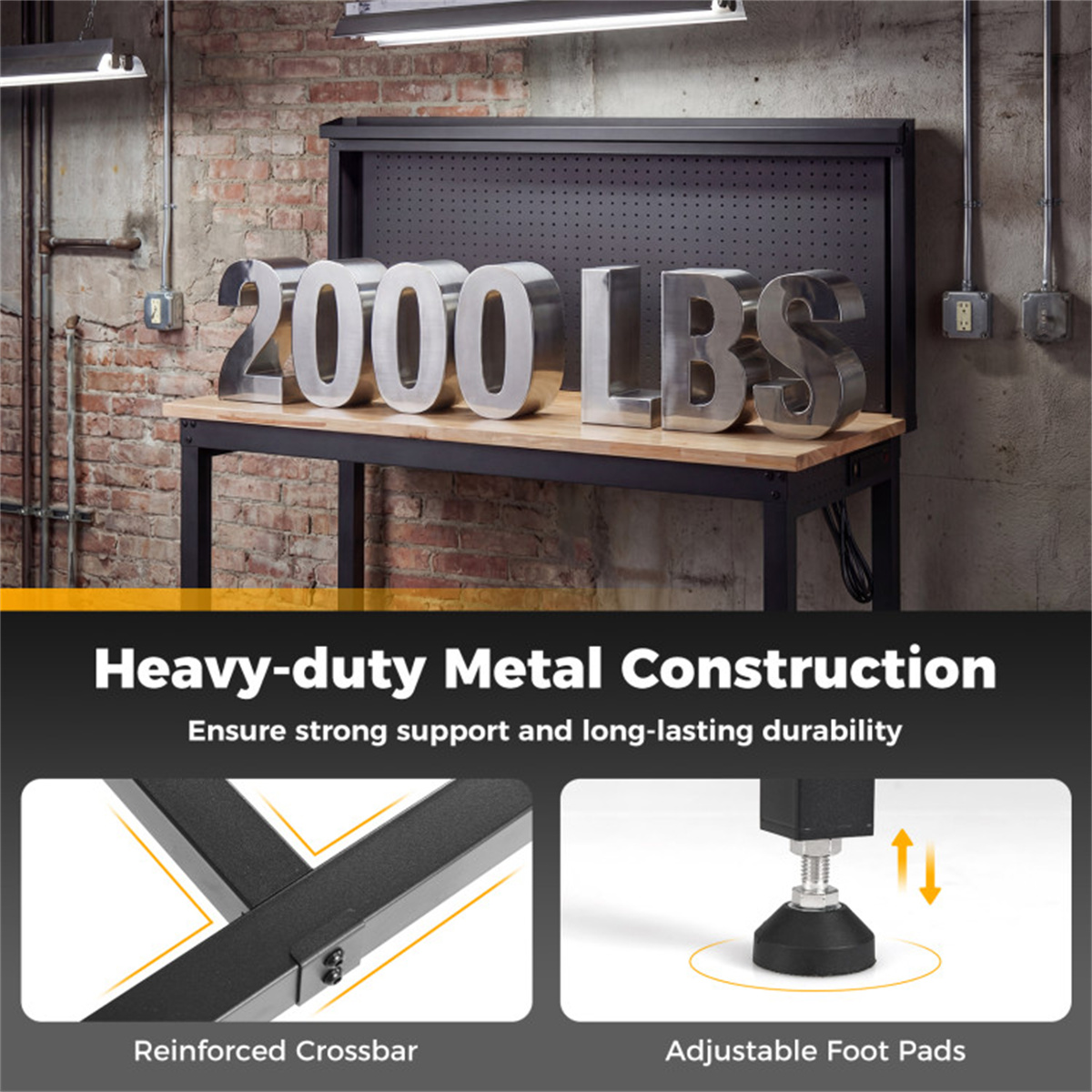 48″ Heavy-Duty Workbench 2000LBS Capacity 7-Level Height Adjustable with Built-in Power Strip view 7