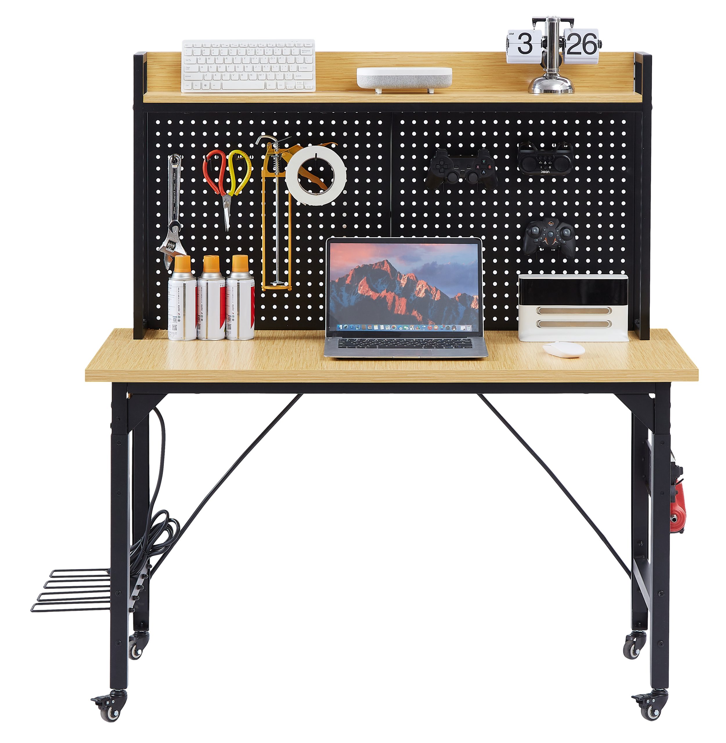 48”Adjustable Workbench with pegboard, Heavy Duty Wooden Desktop Workbench with Wheels view 1