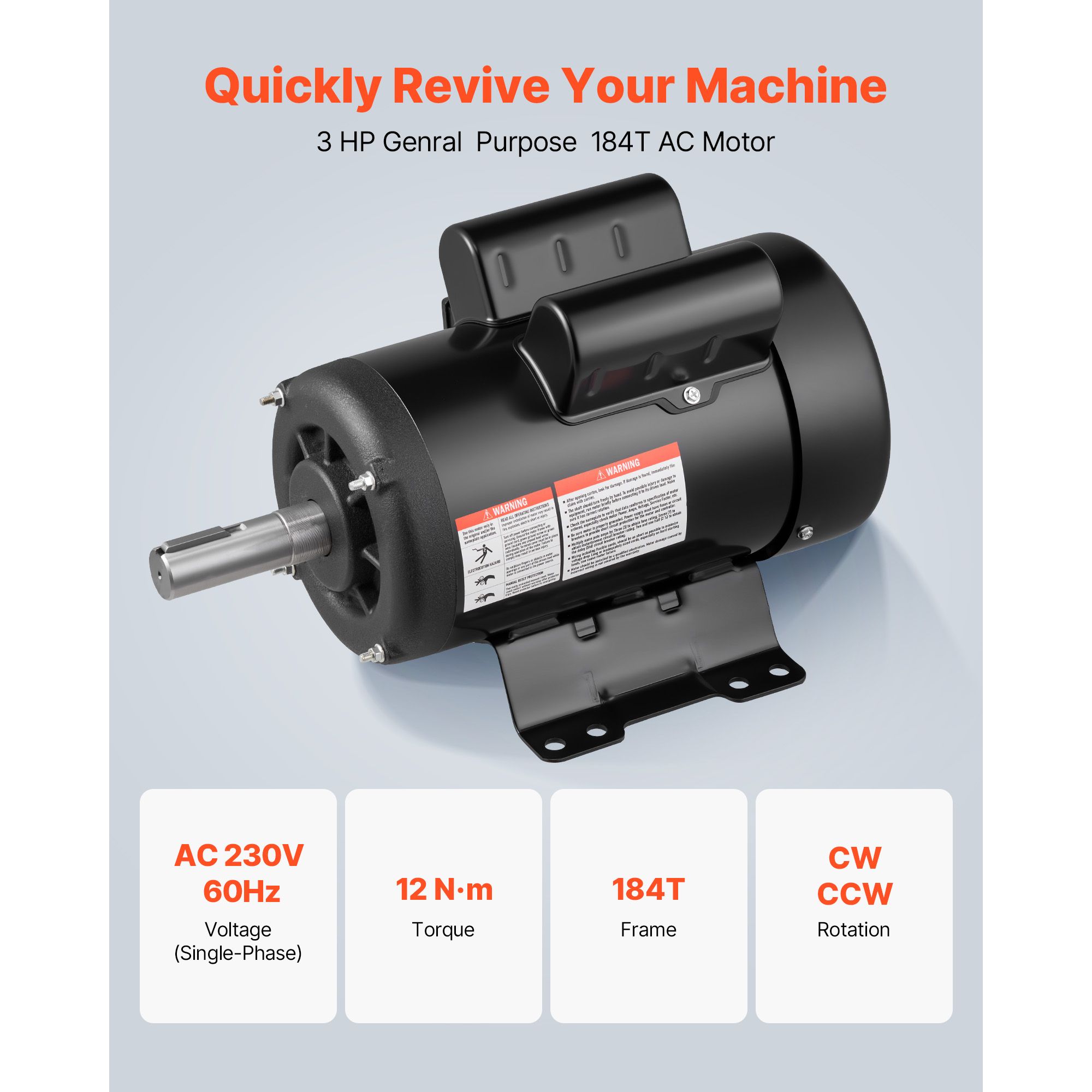 3 HP Electric Motor, 1750RPM Air Compressor Motor, CW/CCW Rotation, 1.125 Inch Shaft Diameter view 2