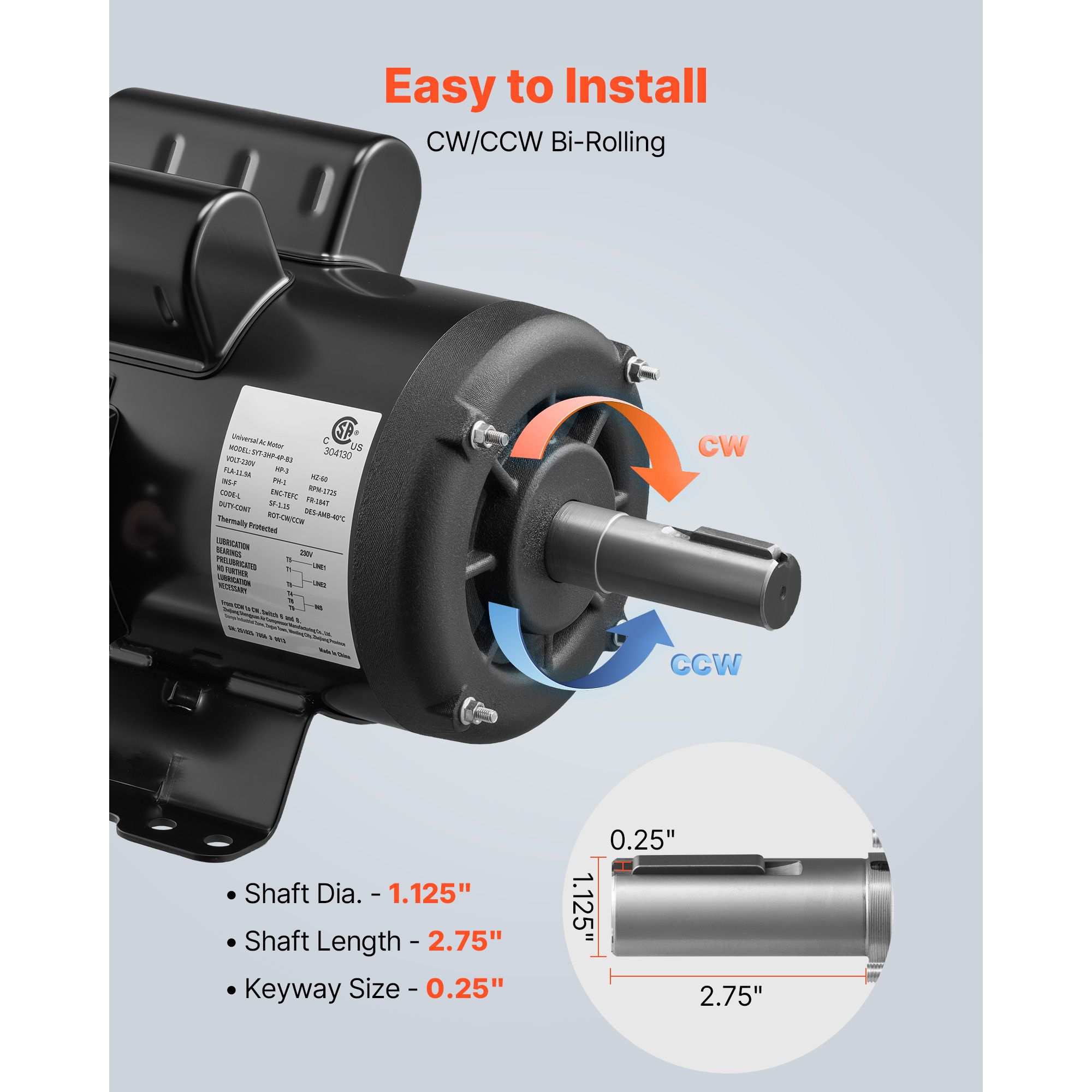 3 HP Electric Motor, 1750RPM Air Compressor Motor, CW/CCW Rotation, 1.125 Inch Shaft Diameter view 4