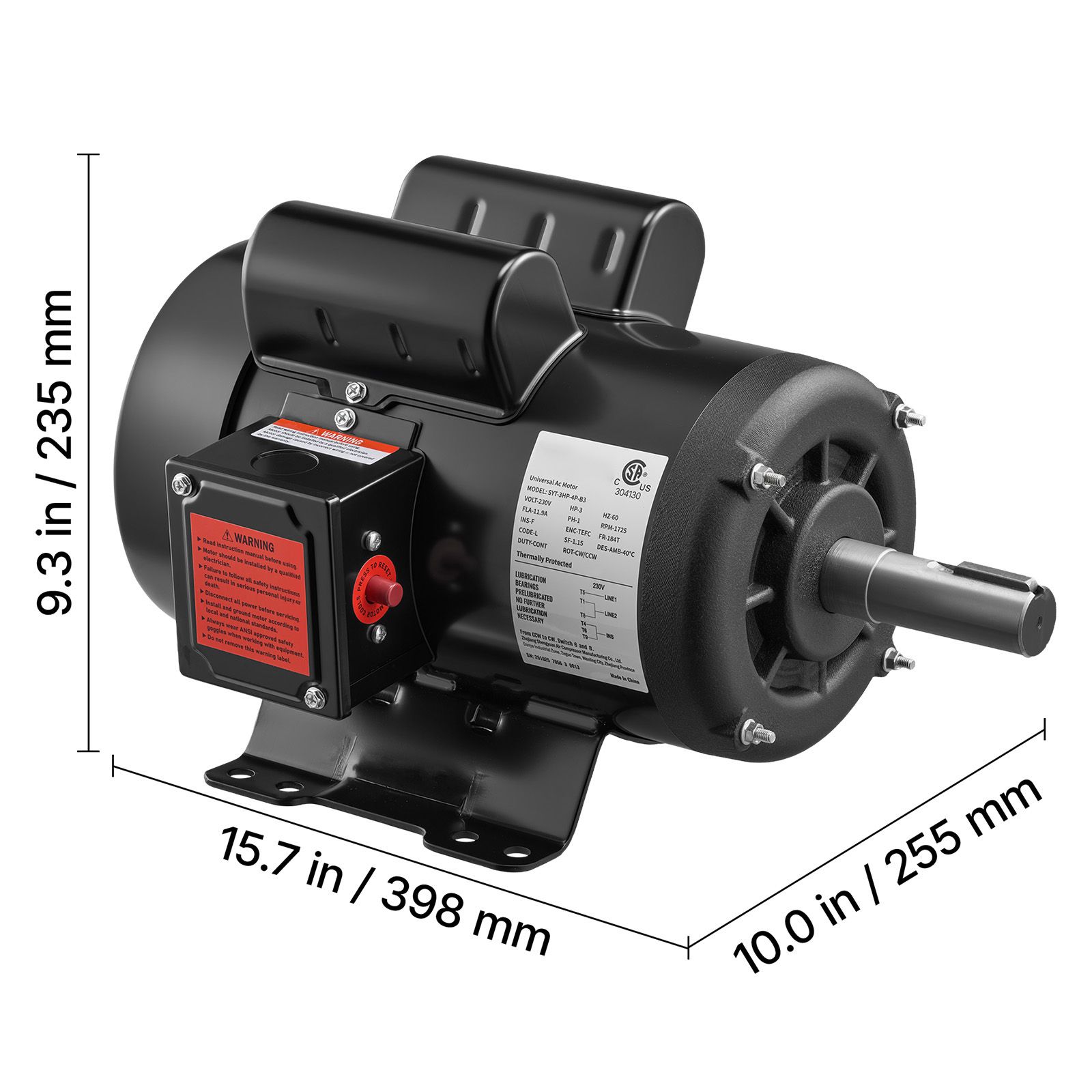 3 HP Electric Motor, 1750RPM Air Compressor Motor, CW/CCW Rotation, 1.125 Inch Shaft Diameter view 7