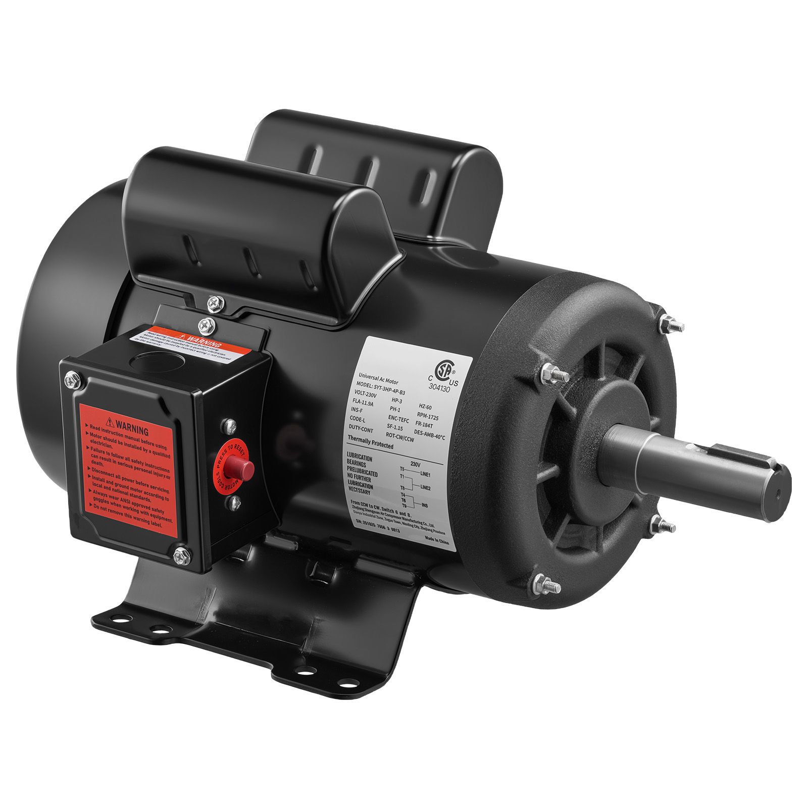 3 HP Electric Motor, 1750RPM Air Compressor Motor, CW/CCW Rotation, 1.125 Inch Shaft Diameter view 8
