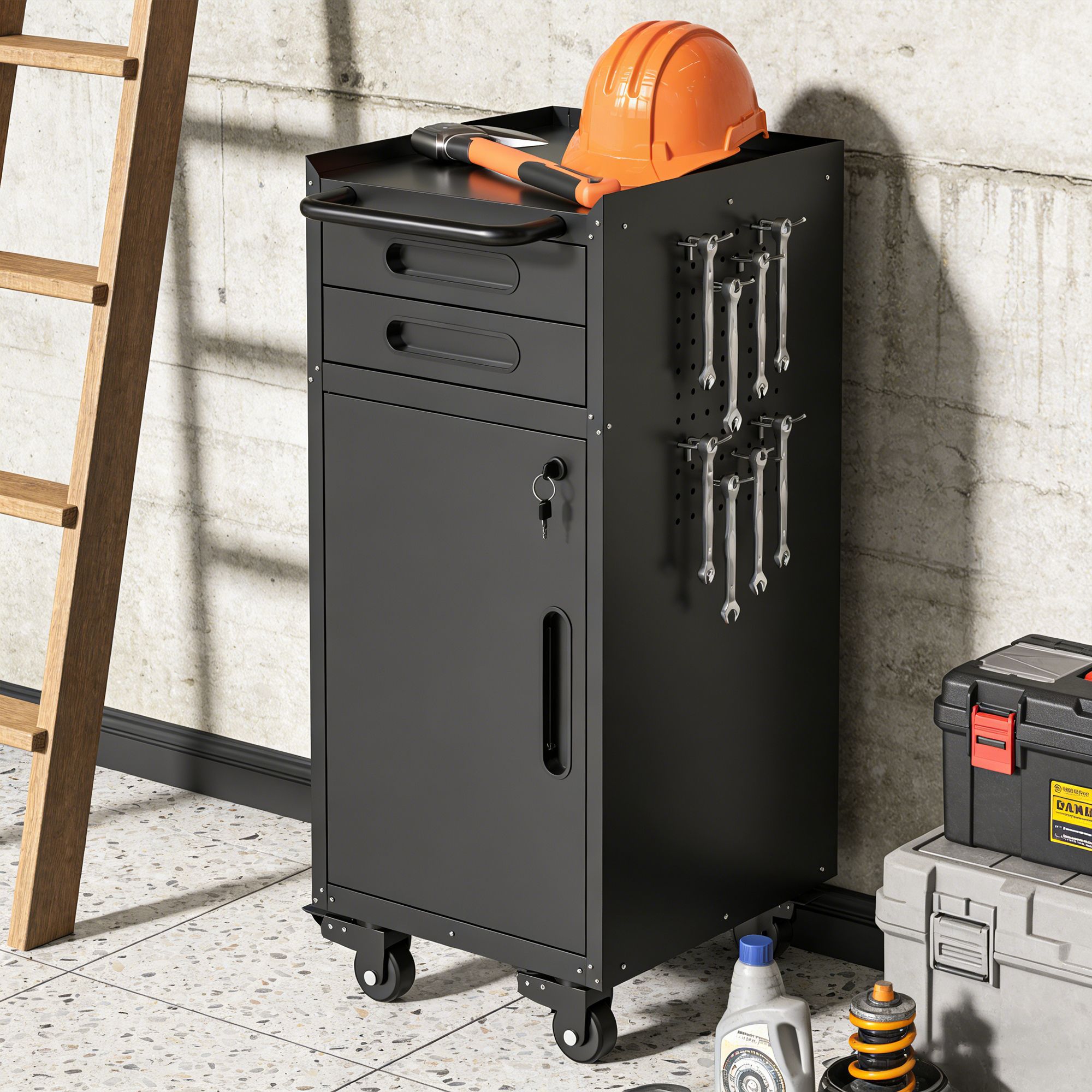 34.3″ Narrow Rolling Tool Cabinet – Space-Saving Garage Storage with Lockable Door view 3