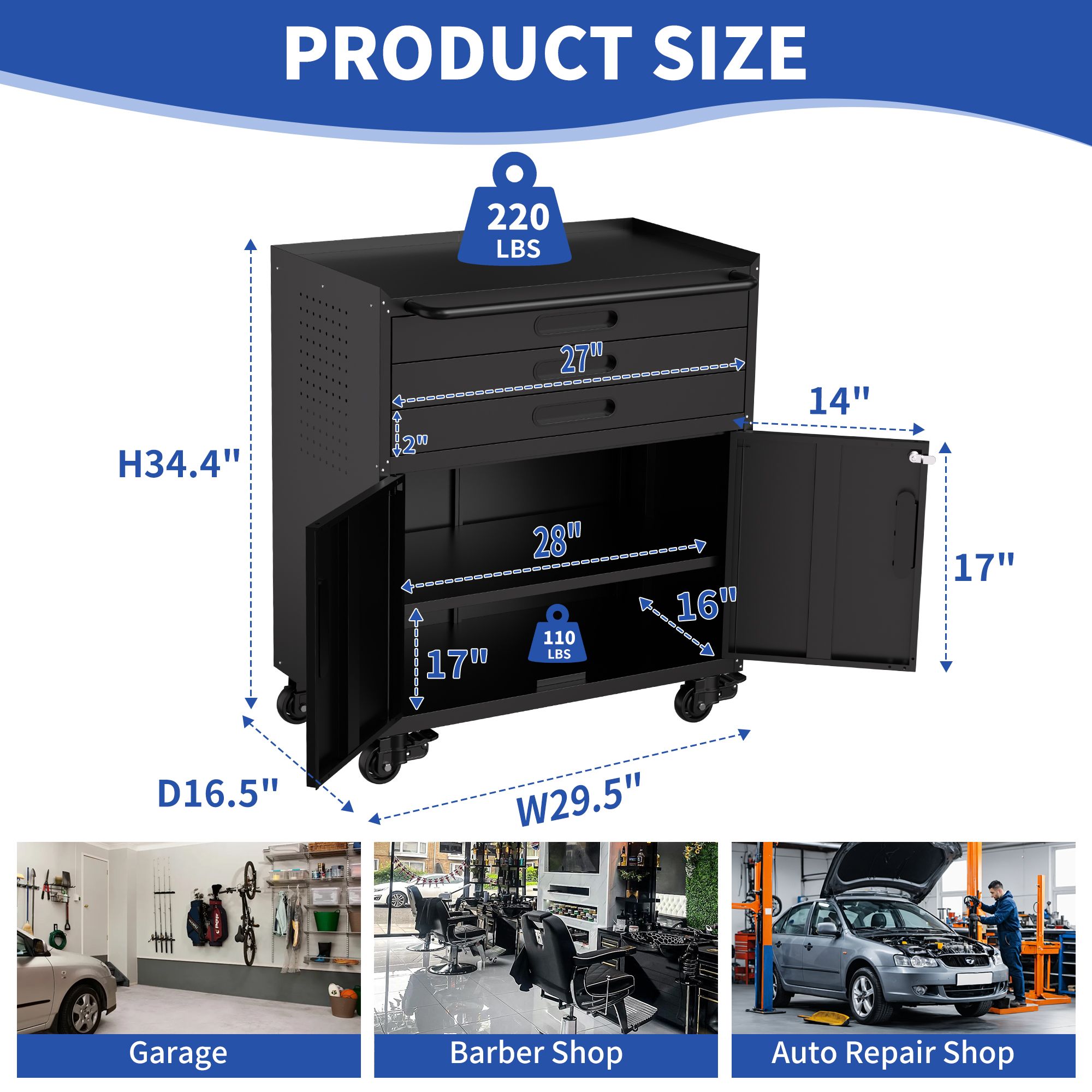 34.3″ Rolling Metal Tool Cabinet – Heavy Duty Garage Storage with Lockable Doors & 3 Drawers view 2
