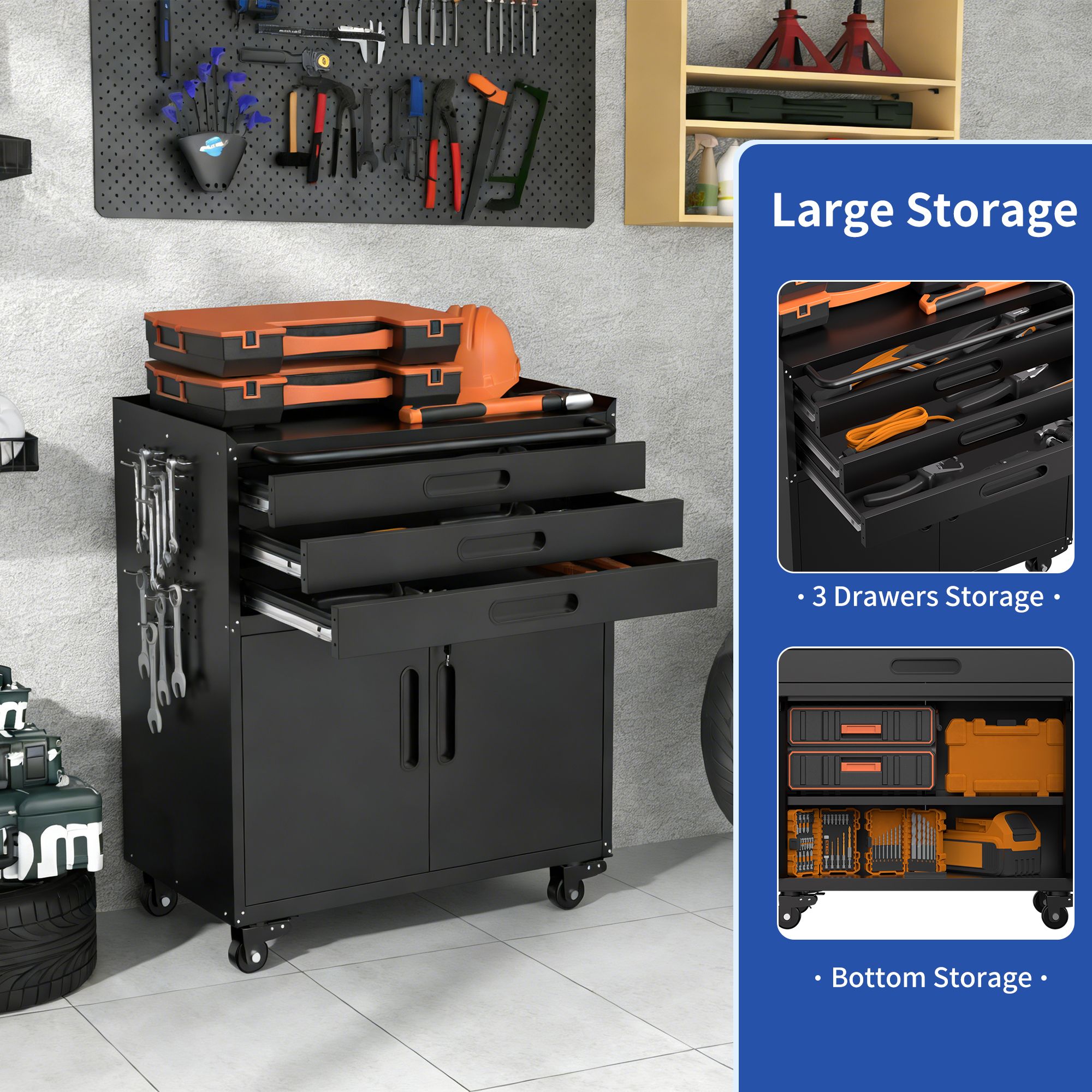 34.3″ Rolling Metal Tool Cabinet – Heavy Duty Garage Storage with Lockable Doors & 3 Drawers view 4