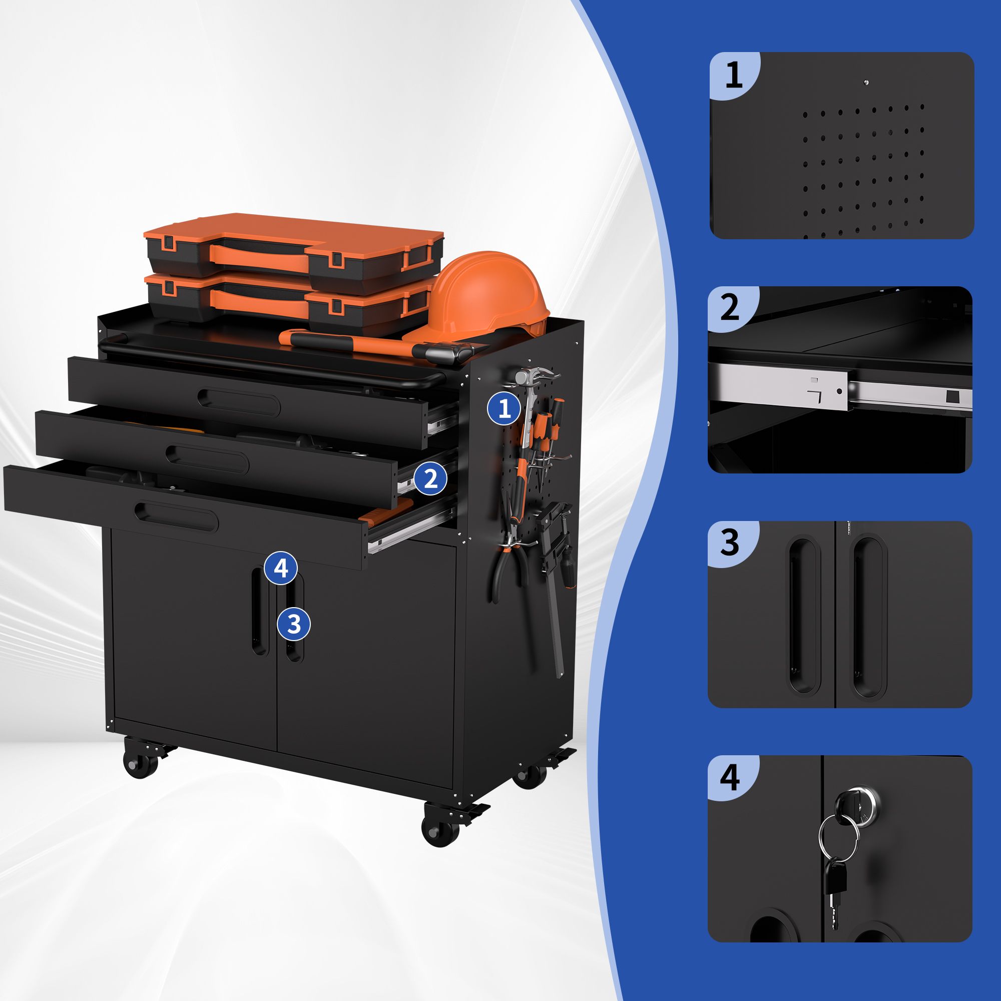 34.3″ Rolling Metal Tool Cabinet – Heavy Duty Garage Storage with Lockable Doors & 3 Drawers view 5