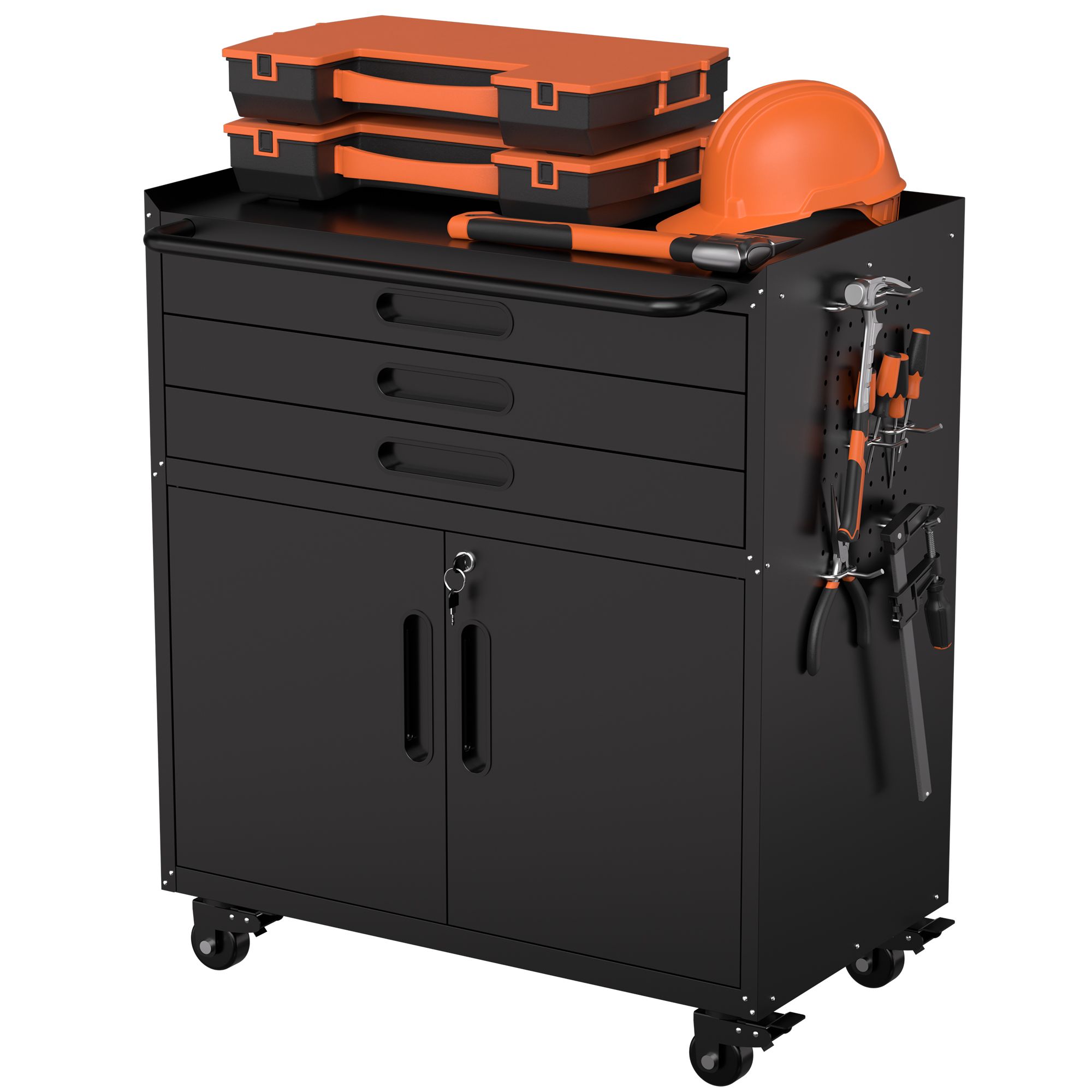 34.3″ Rolling Metal Tool Cabinet – Heavy Duty Garage Storage with Lockable Doors & 3 Drawers view 1