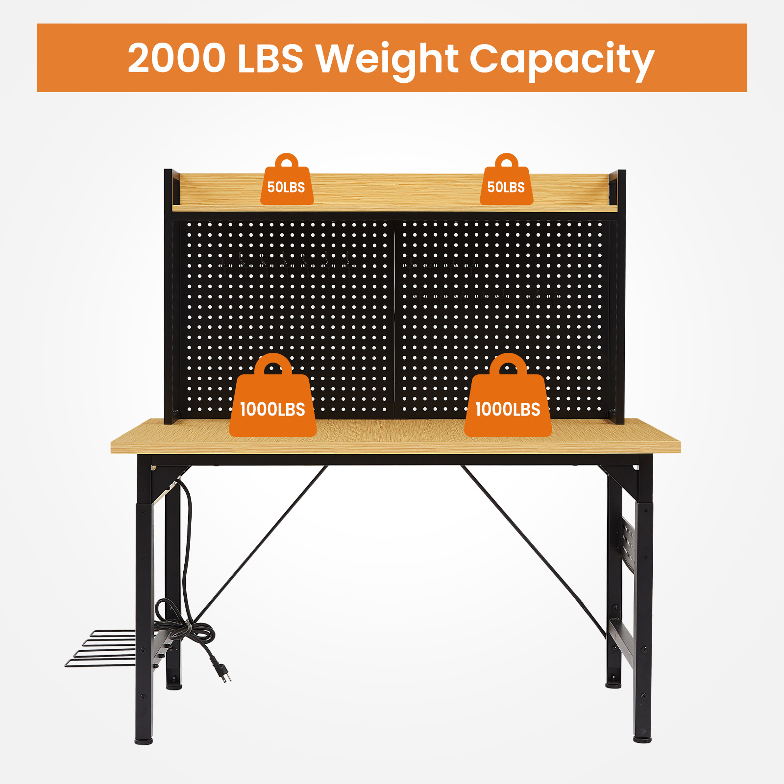 48”Adjustable Workbench with pegboard, Heavy Duty Wooden Desktop Workbench with Wheels view 3