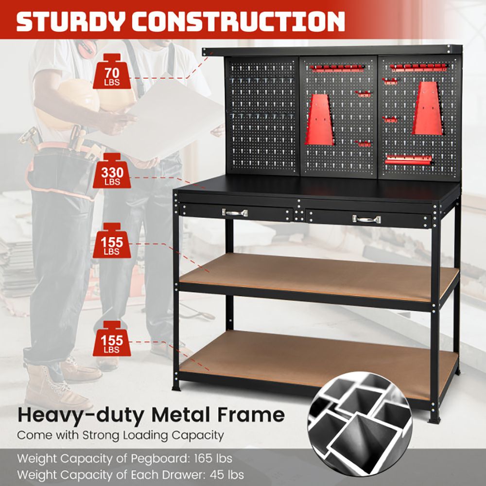 48 Inch Workbench with Pegboard and Drawers view 7