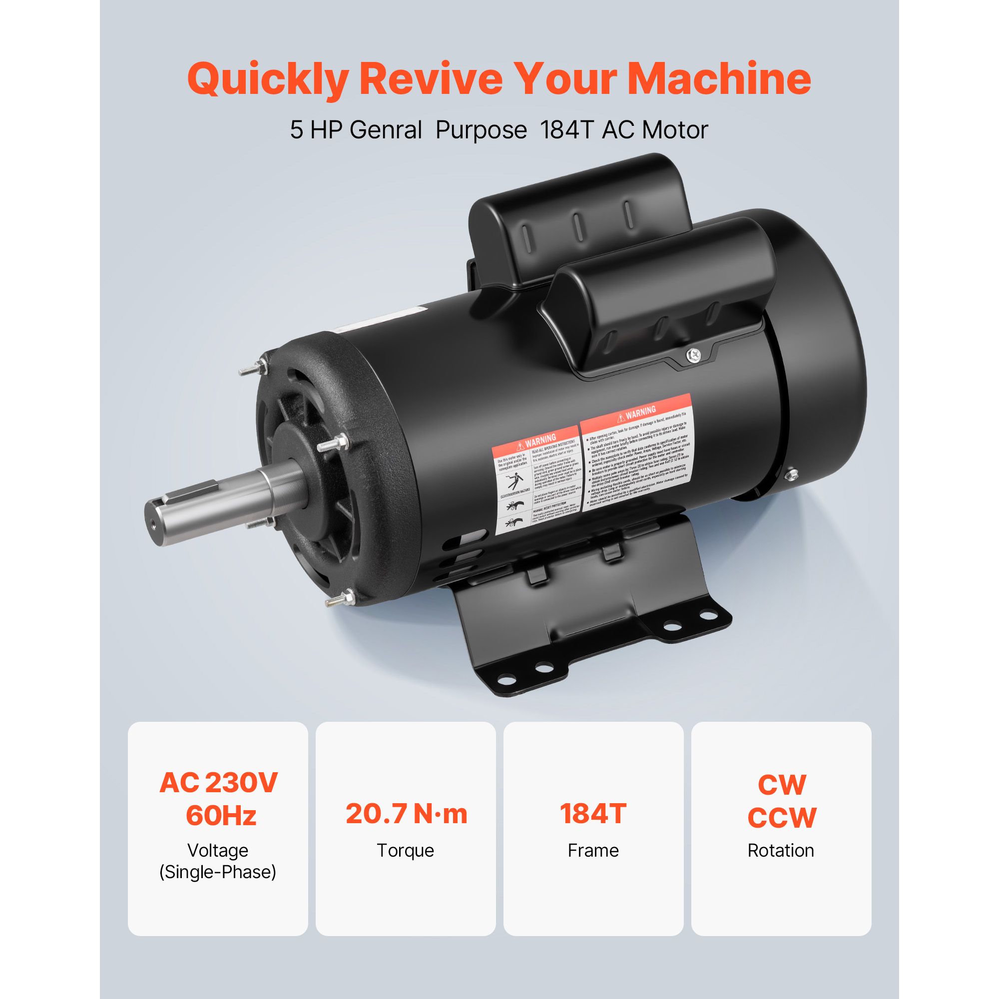 5 HP Electric Motor, 1725RPM Air Compressor Motor, CW/CCW Rotation, 1.125 Inch Shaft Diameter view 2