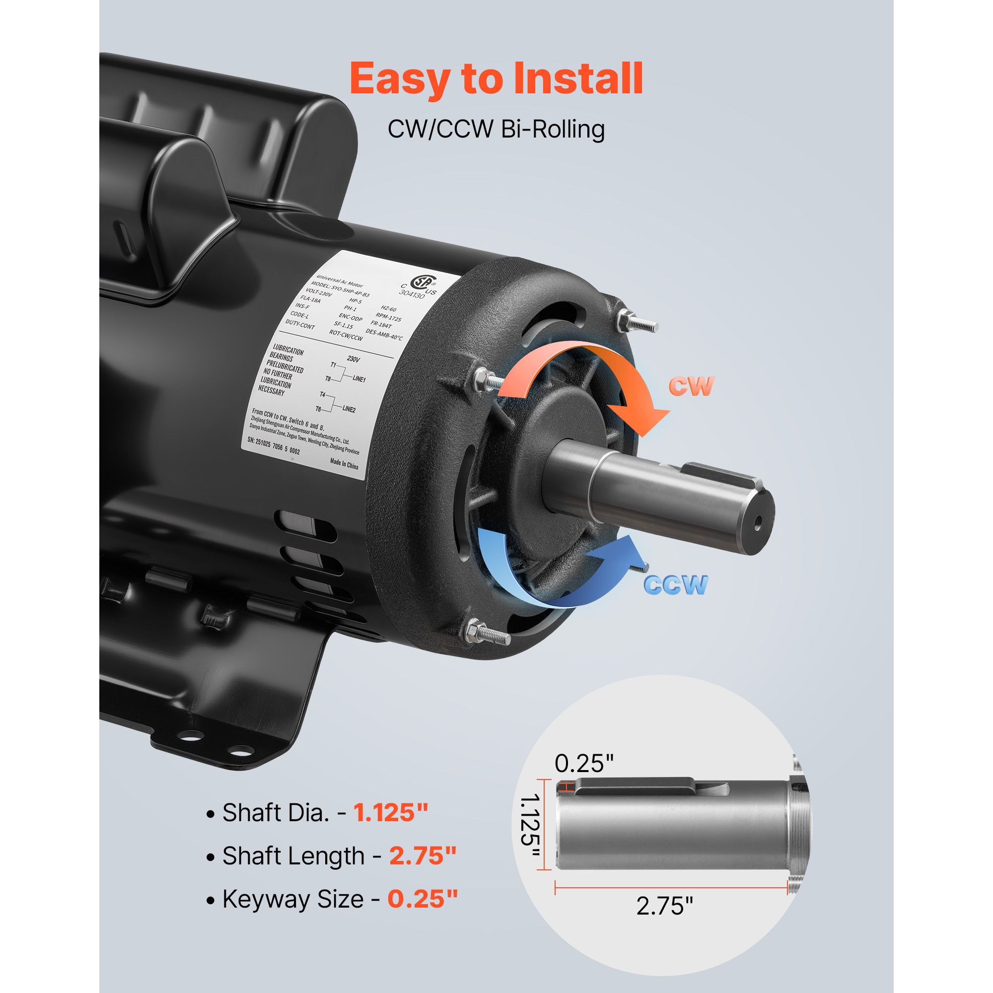 5 HP Electric Motor, 1725RPM Air Compressor Motor, CW/CCW Rotation, 1.125 Inch Shaft Diameter view 4