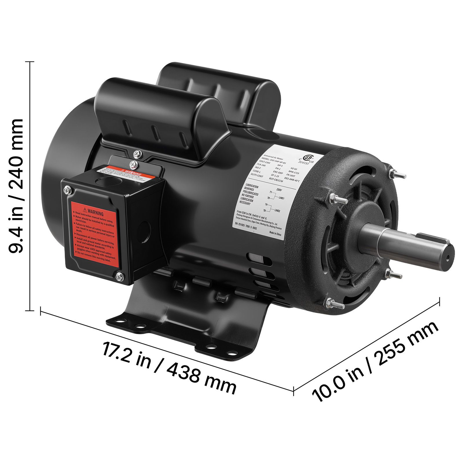 5 HP Electric Motor, 1725RPM Air Compressor Motor, CW/CCW Rotation, 1.125 Inch Shaft Diameter view 7
