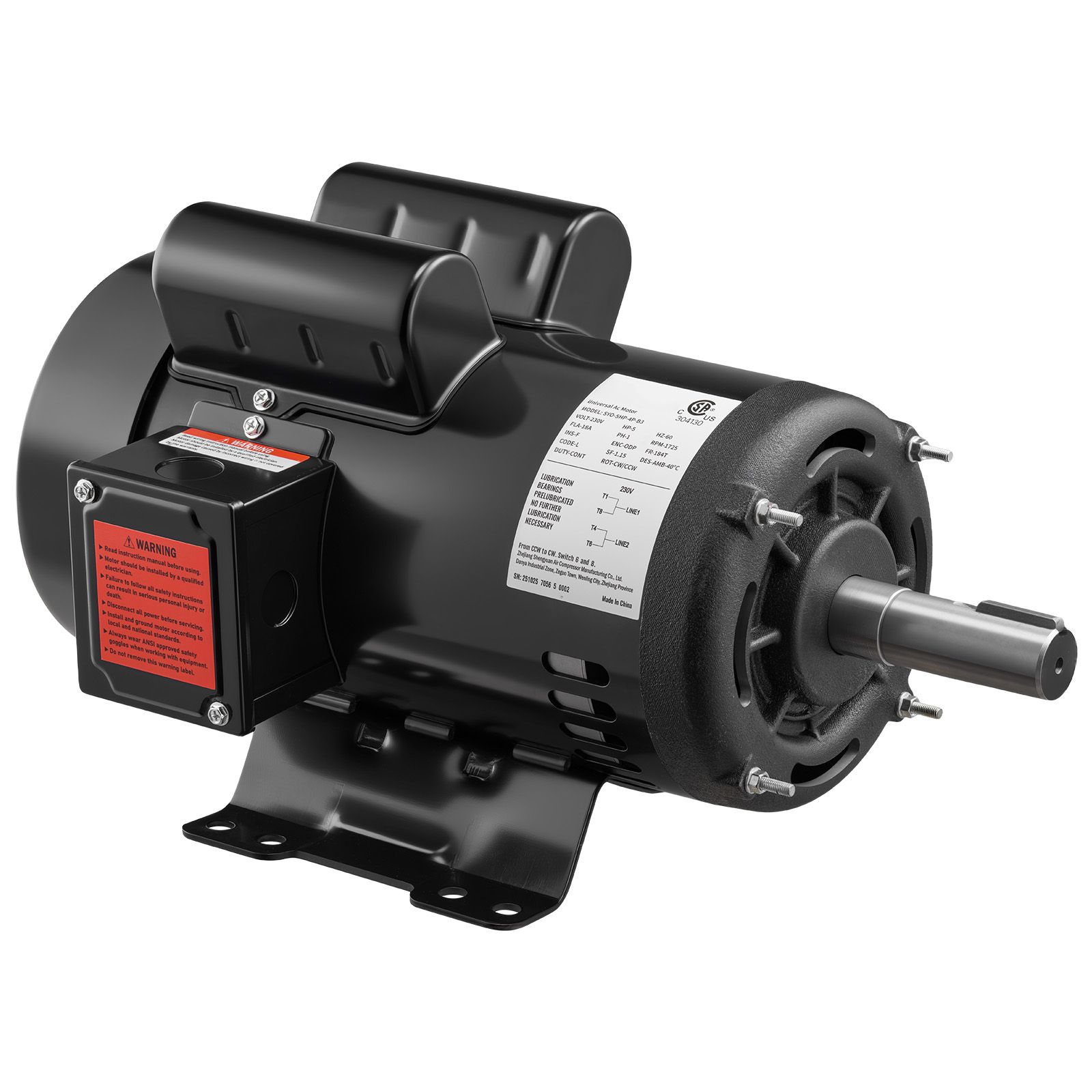 5 HP Electric Motor, 1725RPM Air Compressor Motor, CW/CCW Rotation, 1.125 Inch Shaft Diameter view 8