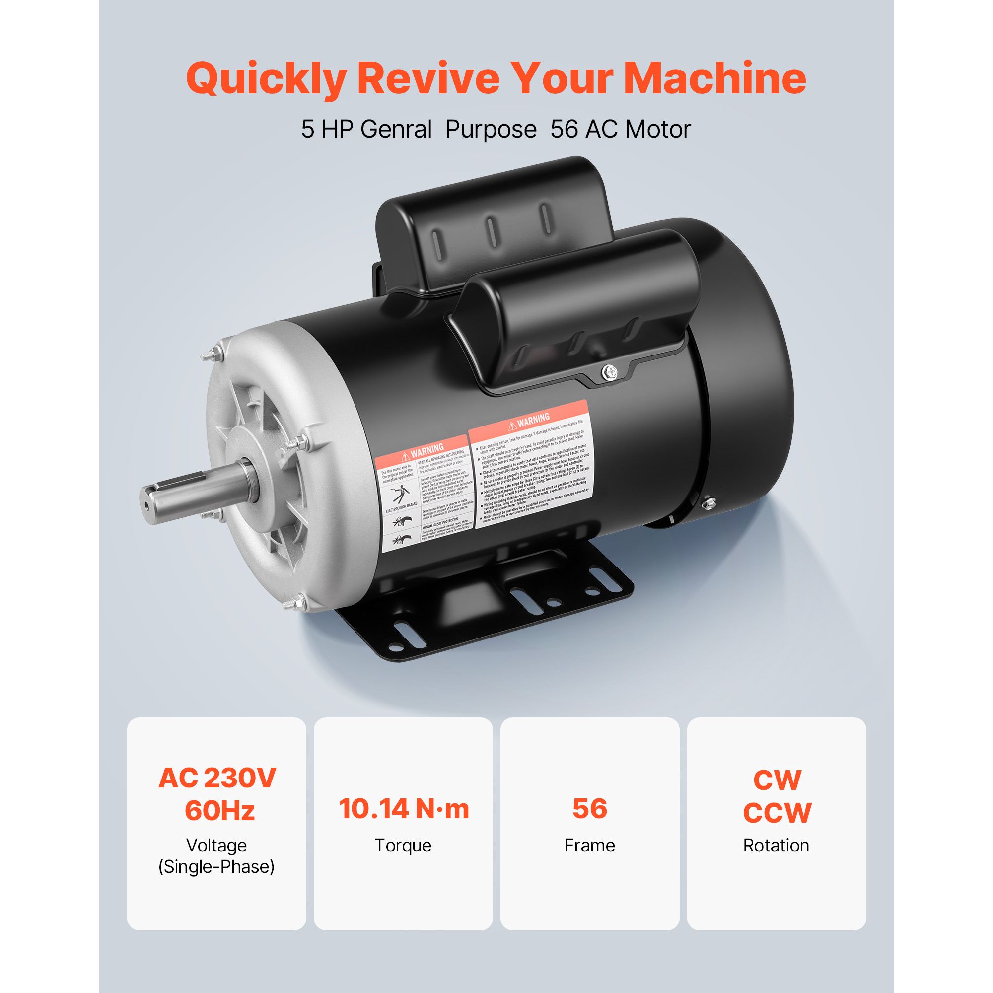 5 HP Electric Motor, 3450RPM Air Compressor Motor, CW/CCW Rotation, 0.875 Inch Shaft Diameter view 3