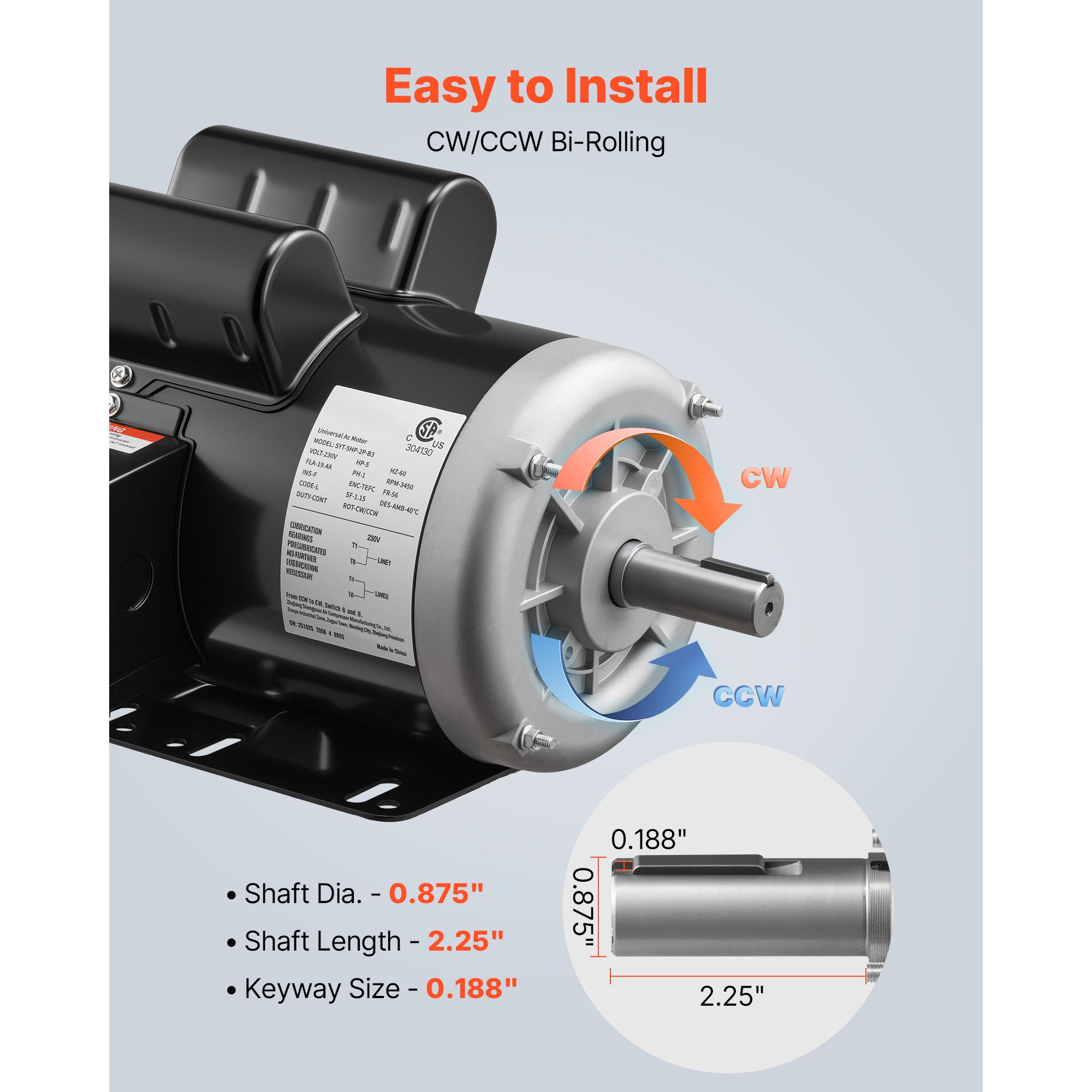 5 HP Electric Motor, 3450RPM Air Compressor Motor, CW/CCW Rotation, 0.875 Inch Shaft Diameter view 5