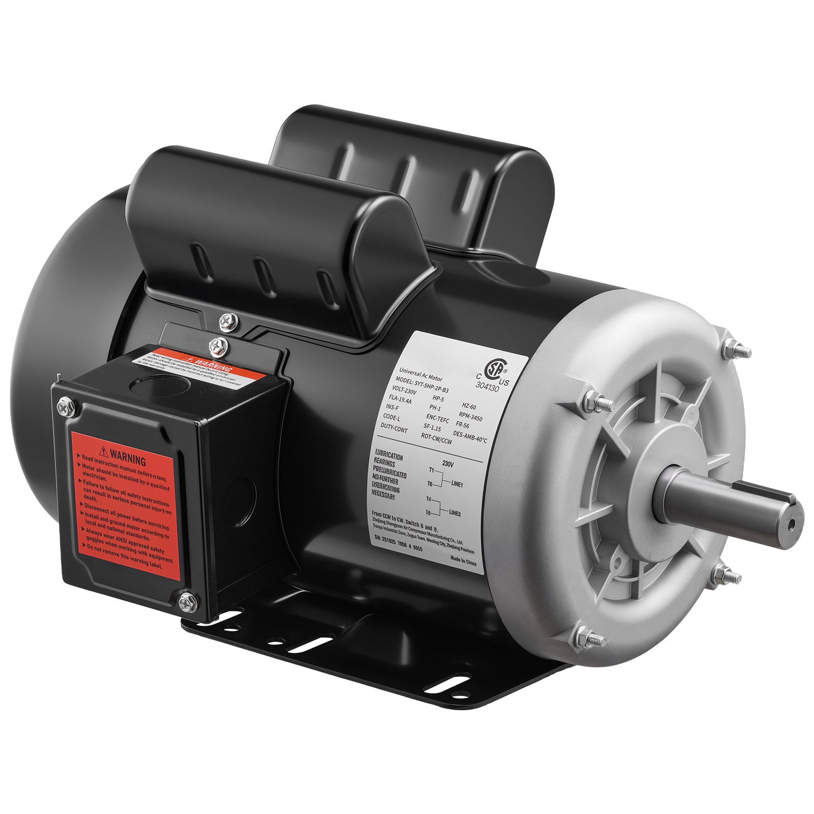 5 HP Electric Motor, 3450RPM Air Compressor Motor, CW/CCW Rotation, 0.875 Inch Shaft Diameter view 8