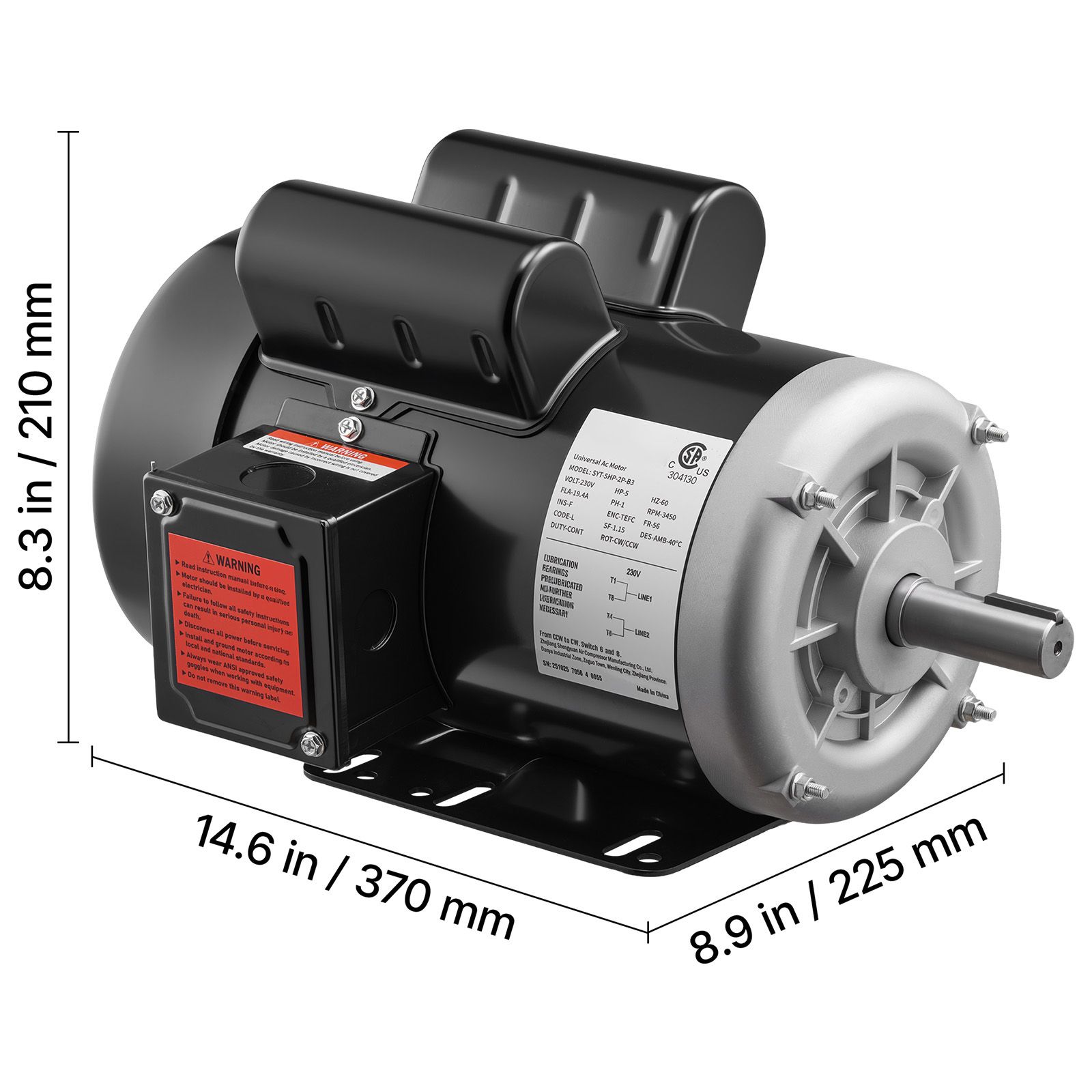 5 HP Electric Motor, 3450RPM Air Compressor Motor, CW/CCW Rotation, 0.875 Inch Shaft Diameter view 1