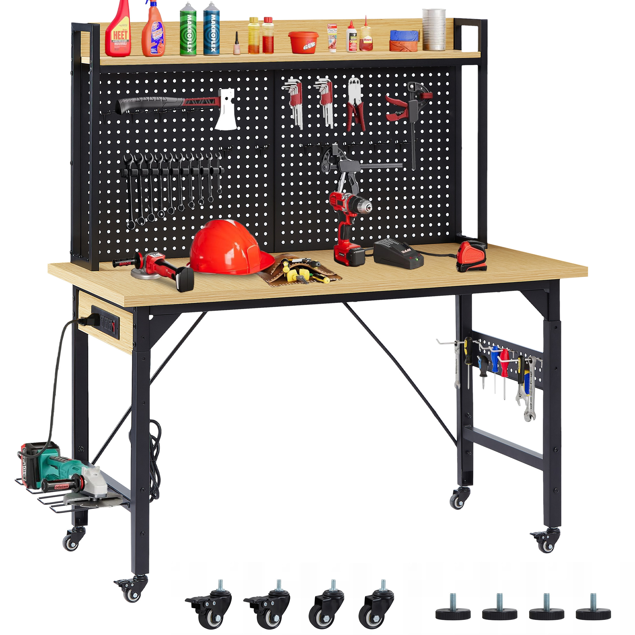 48”Adjustable Workbench with pegboard, Heavy Duty Wooden Desktop Workbench with Wheels view 8