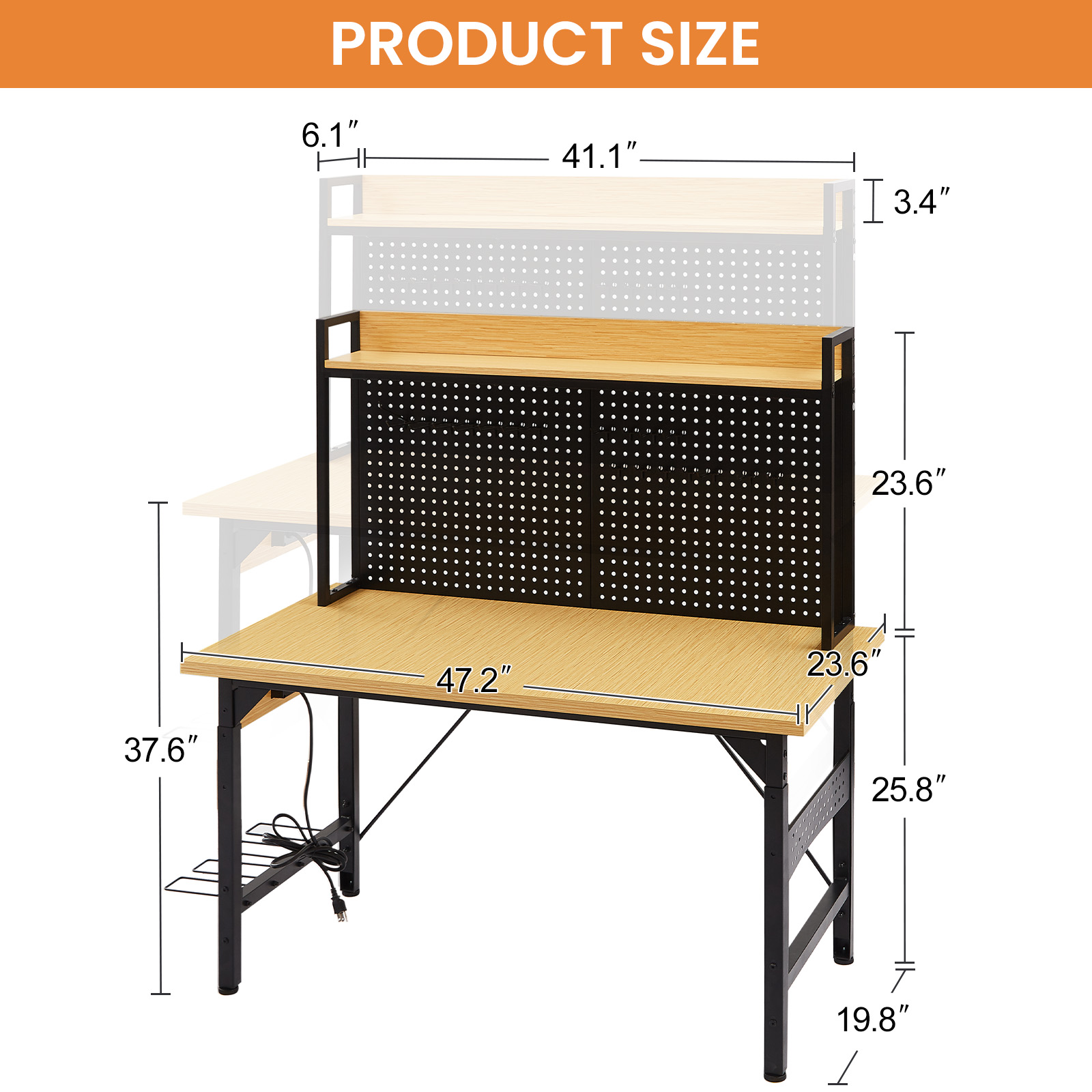 48”Adjustable Workbench with pegboard, Heavy Duty Wooden Desktop Workbench with Wheels view 5
