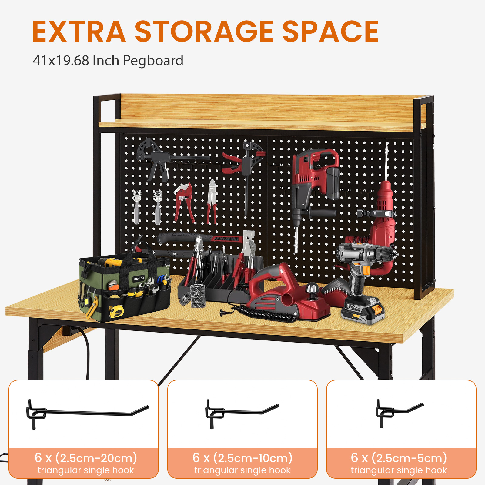 48”Adjustable Workbench with pegboard, Heavy Duty Wooden Desktop Workbench with Wheels view 7