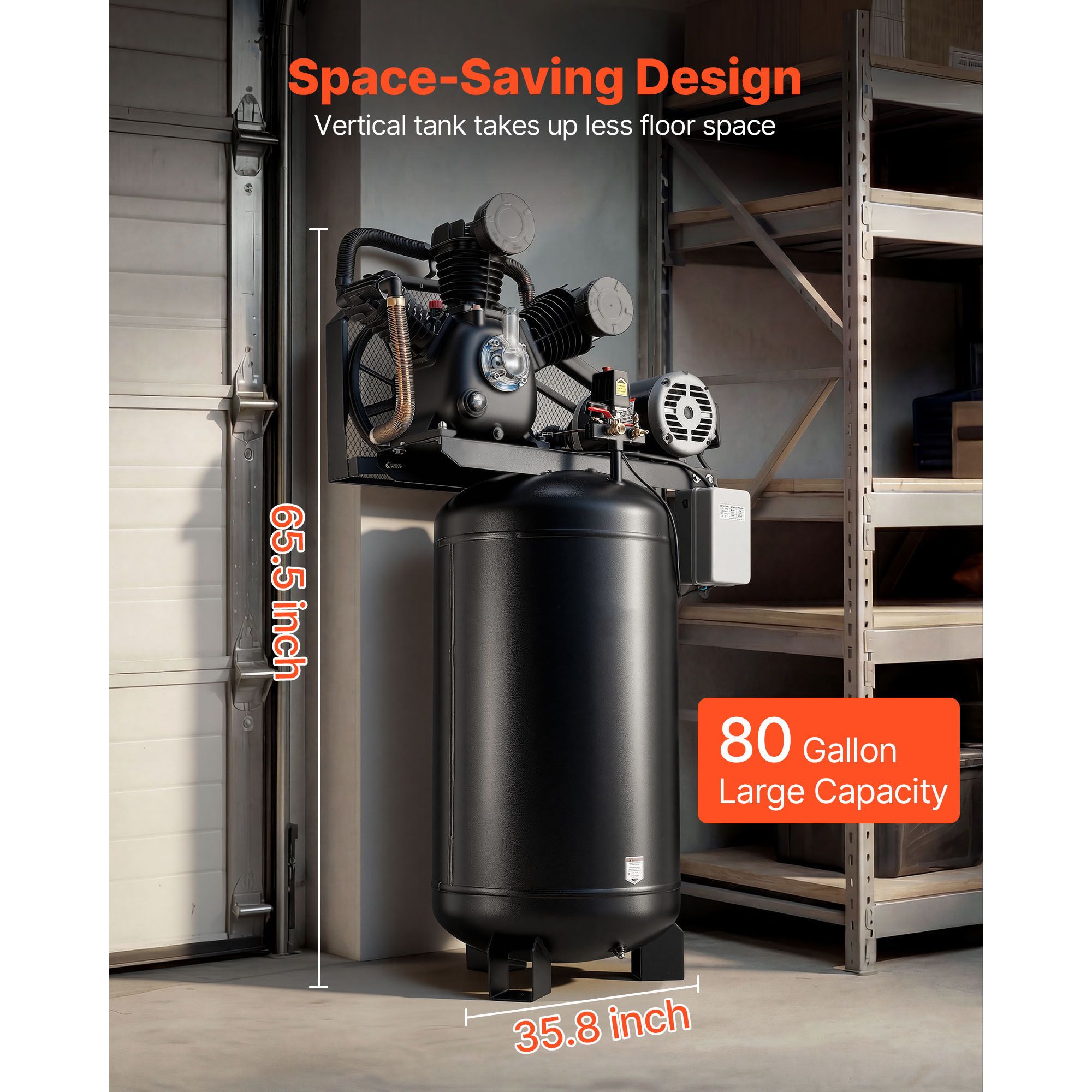80 Gallons Heavy-Duty Air Compressor, 10HP 17 SCFM At 90PSI Air Compressors Max 175PSI view 4