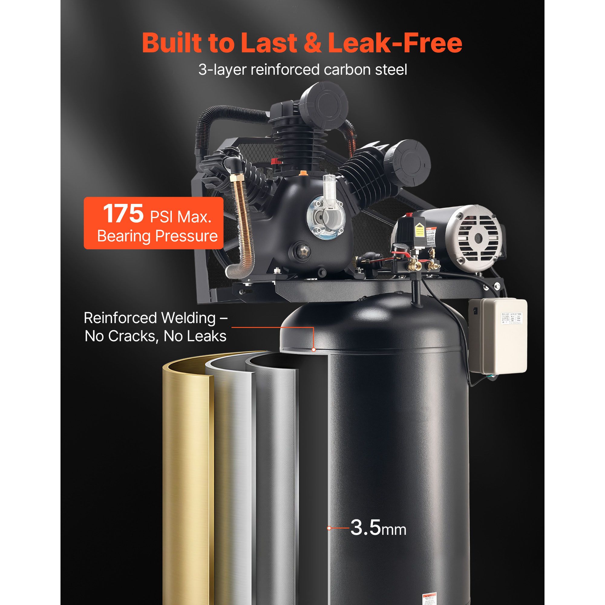 80 Gallons Heavy-Duty Air Compressor, 10HP 17 SCFM At 90PSI Air Compressors Max 175PSI view 5