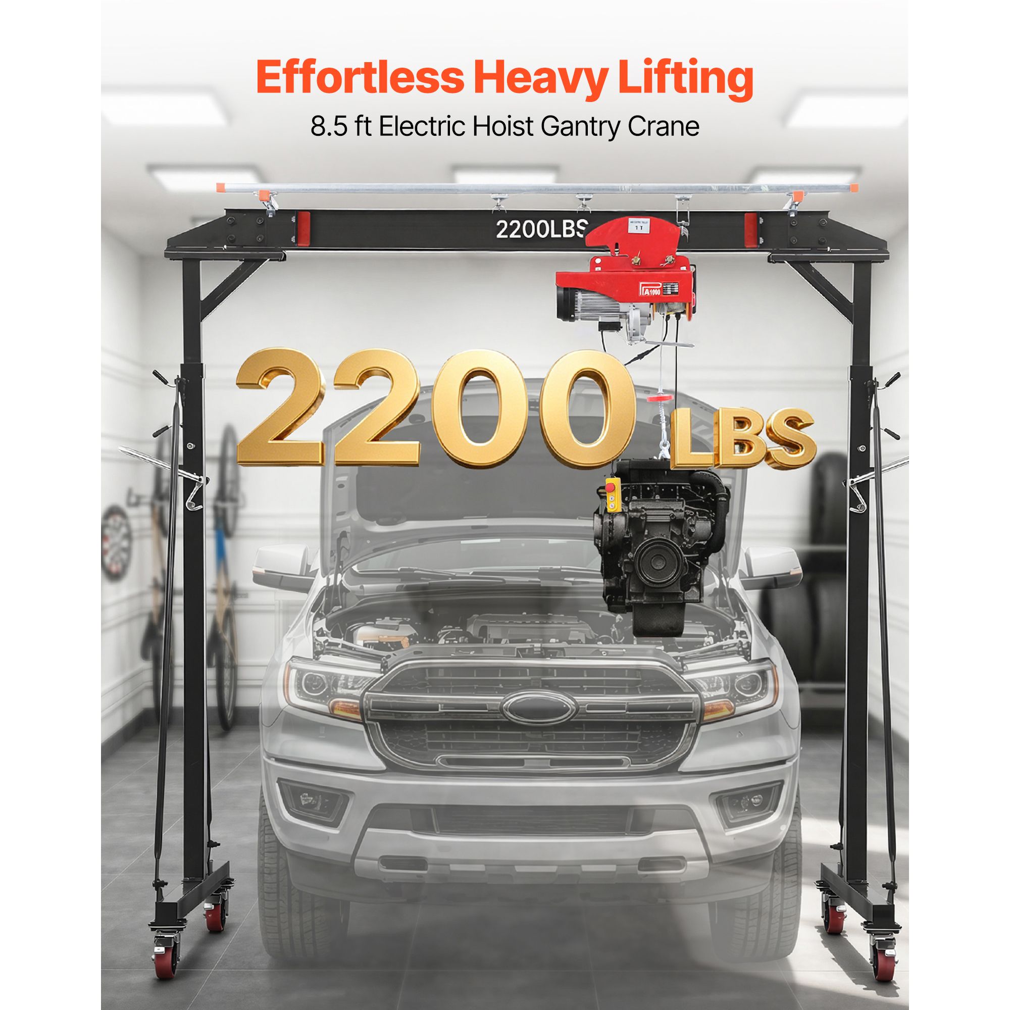 Adjustable Gantry Crane, 2200 Lbs Capacity, Portable Shop Lift Hoist with 95.7-142.9 in Height view 3