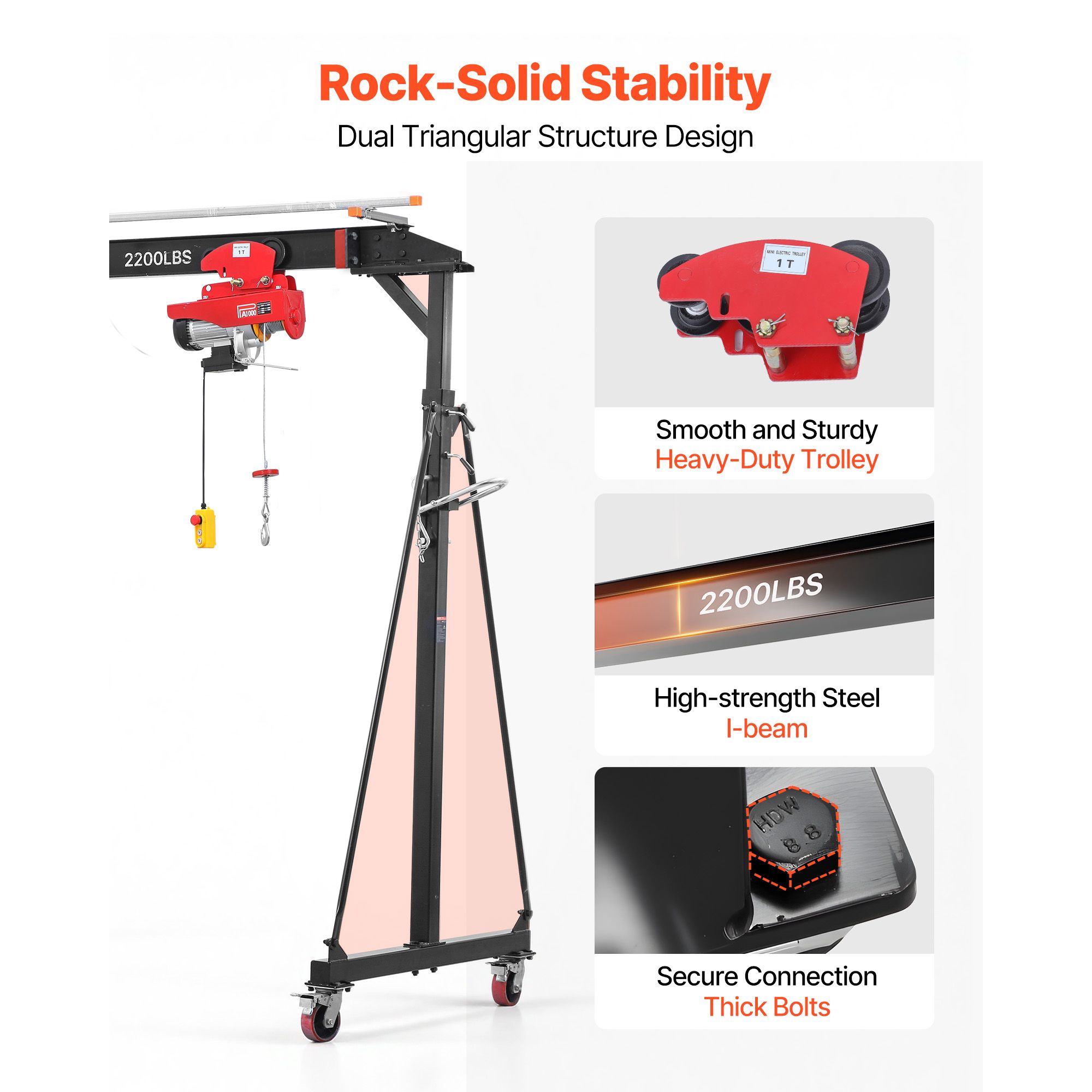 Adjustable Gantry Crane, 2200 Lbs Capacity, Portable Shop Lift Hoist with 95.7-142.9 in Height view 4