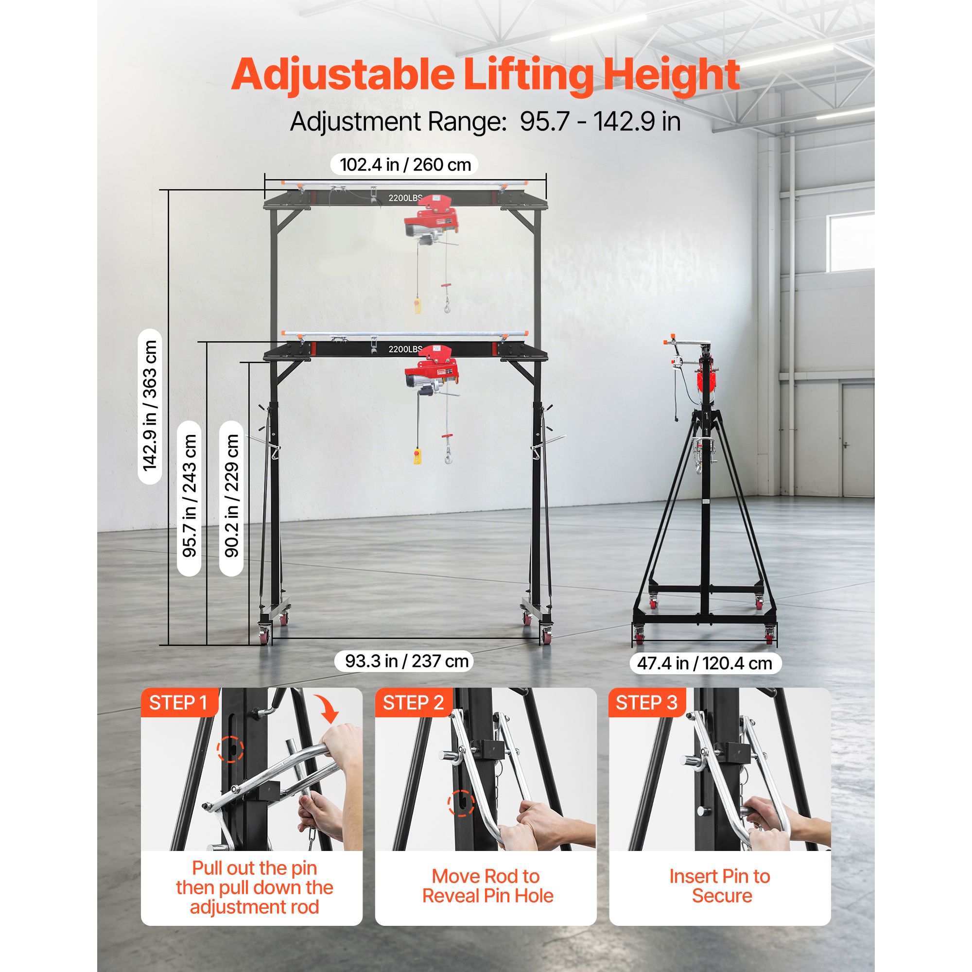 Adjustable Gantry Crane, 2200 Lbs Capacity, Portable Shop Lift Hoist with 95.7-142.9 in Height view 6
