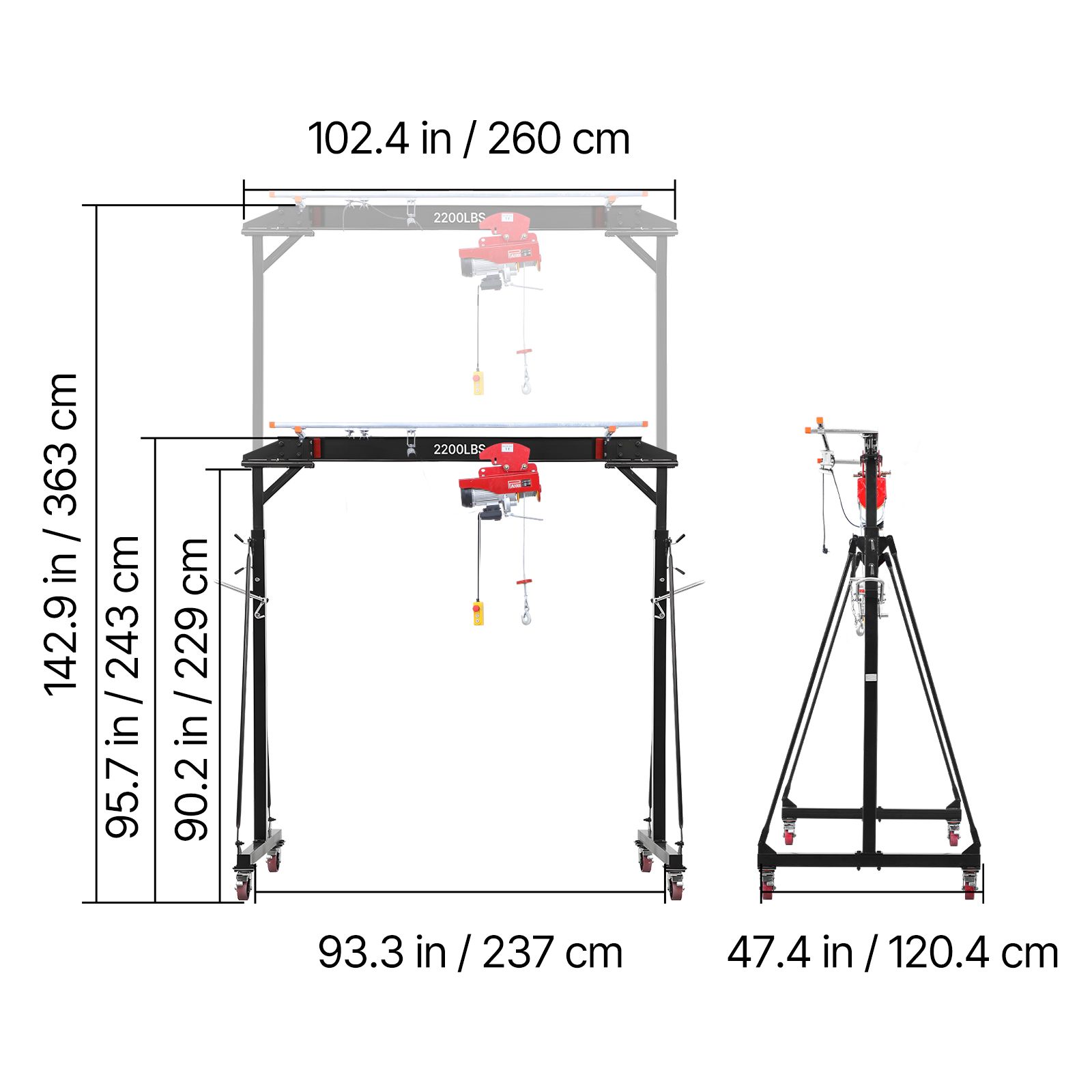 Adjustable Gantry Crane, 2200 Lbs Capacity, Portable Shop Lift Hoist with 95.7-142.9 in Height view 1