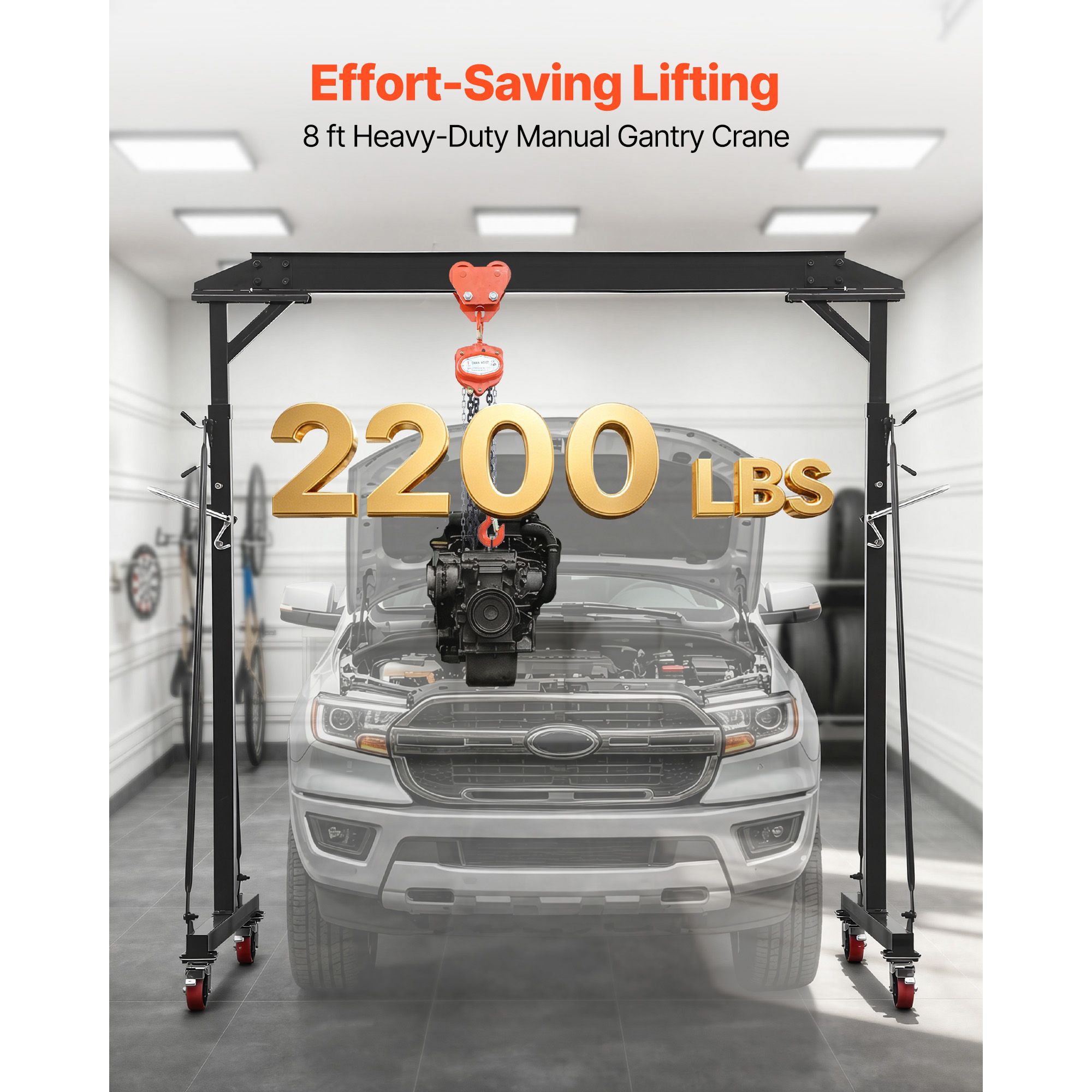 Adjustable Gantry Crane, 2200 Lbs Capacity, Portable Shop Lift Hoist with 95.7-142.9 in Height view 3