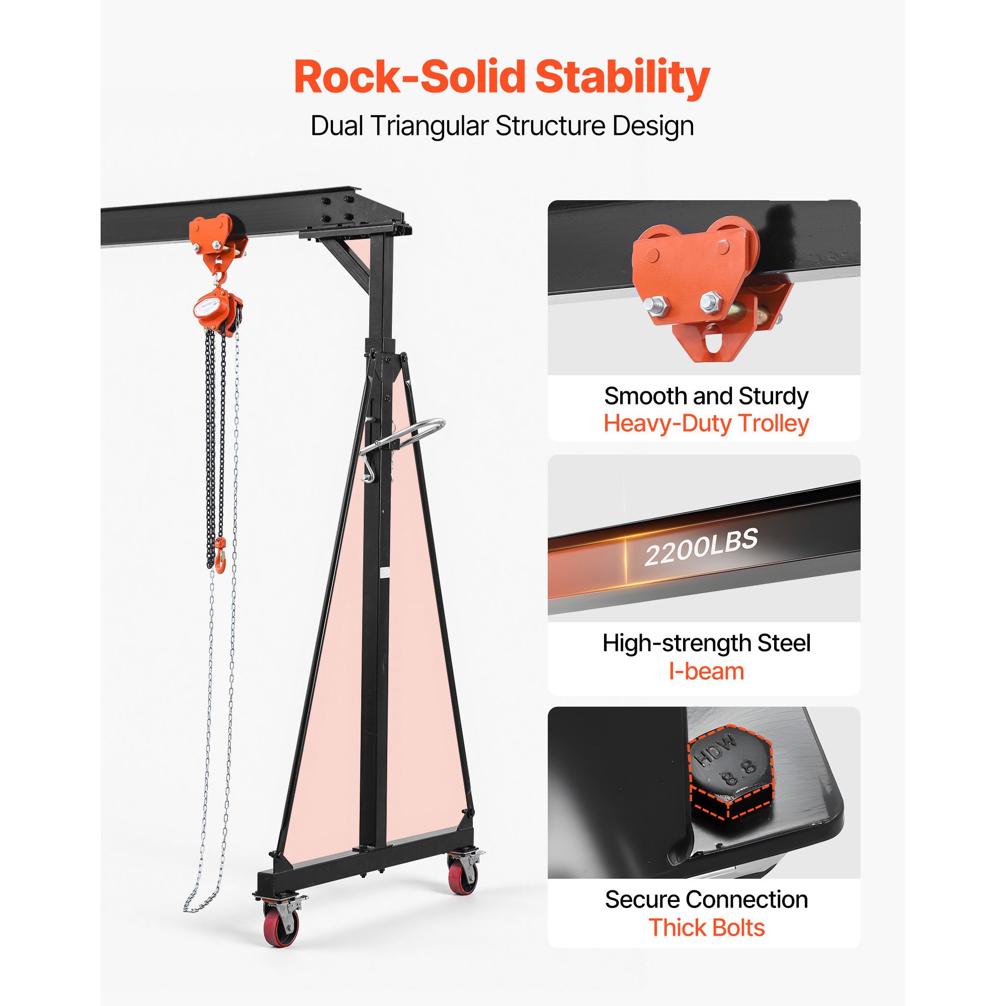 Adjustable Gantry Crane, 2200 Lbs Capacity, Portable Shop Lift Hoist with 95.7-142.9 in Height view 4