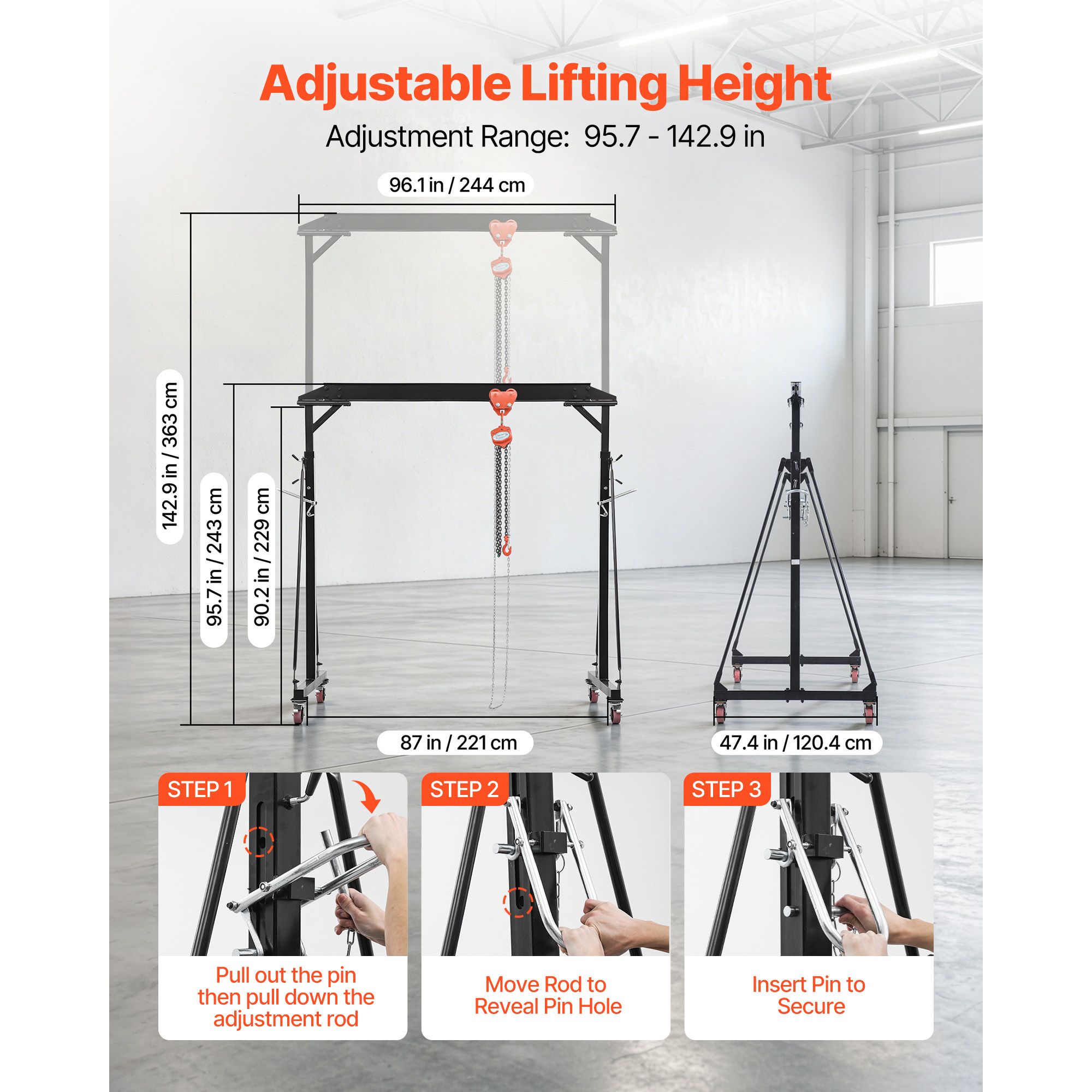 Adjustable Gantry Crane, 2200 Lbs Capacity, Portable Shop Lift Hoist with 95.7-142.9 in Height view 6