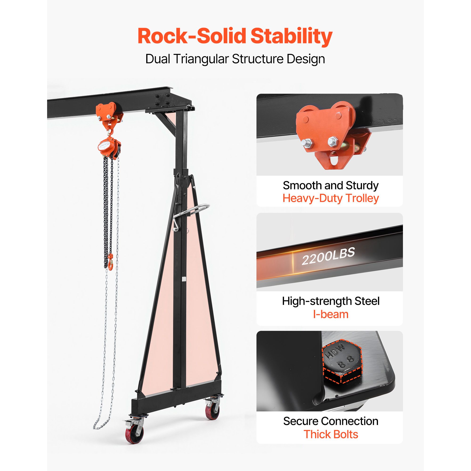 Adjustable Gantry Crane, 4400 Lbs Capacity, Portable Shop Lift Hoist with 99.6-146.9 in Height view 4