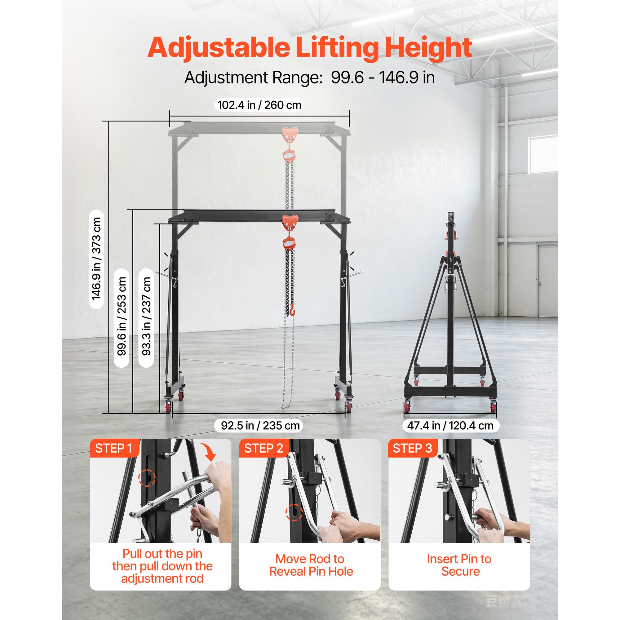 Adjustable Gantry Crane, 4400 Lbs Capacity, Portable Shop Lift Hoist with 99.6-146.9 in Height view 6
