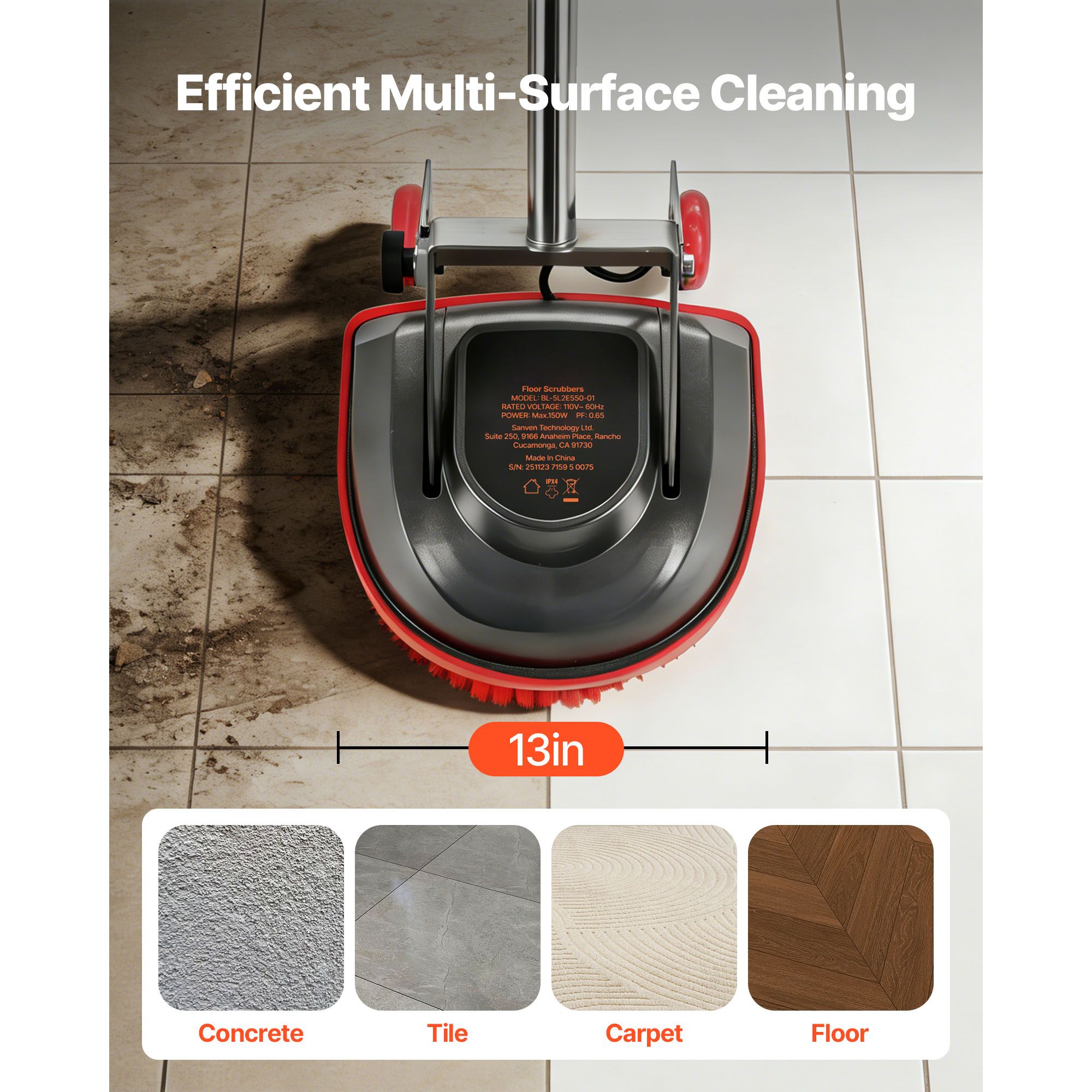 Floor Scrubber Machine, Heavy Duty Floor Cleaner Polisher with 2 Wheels view 4