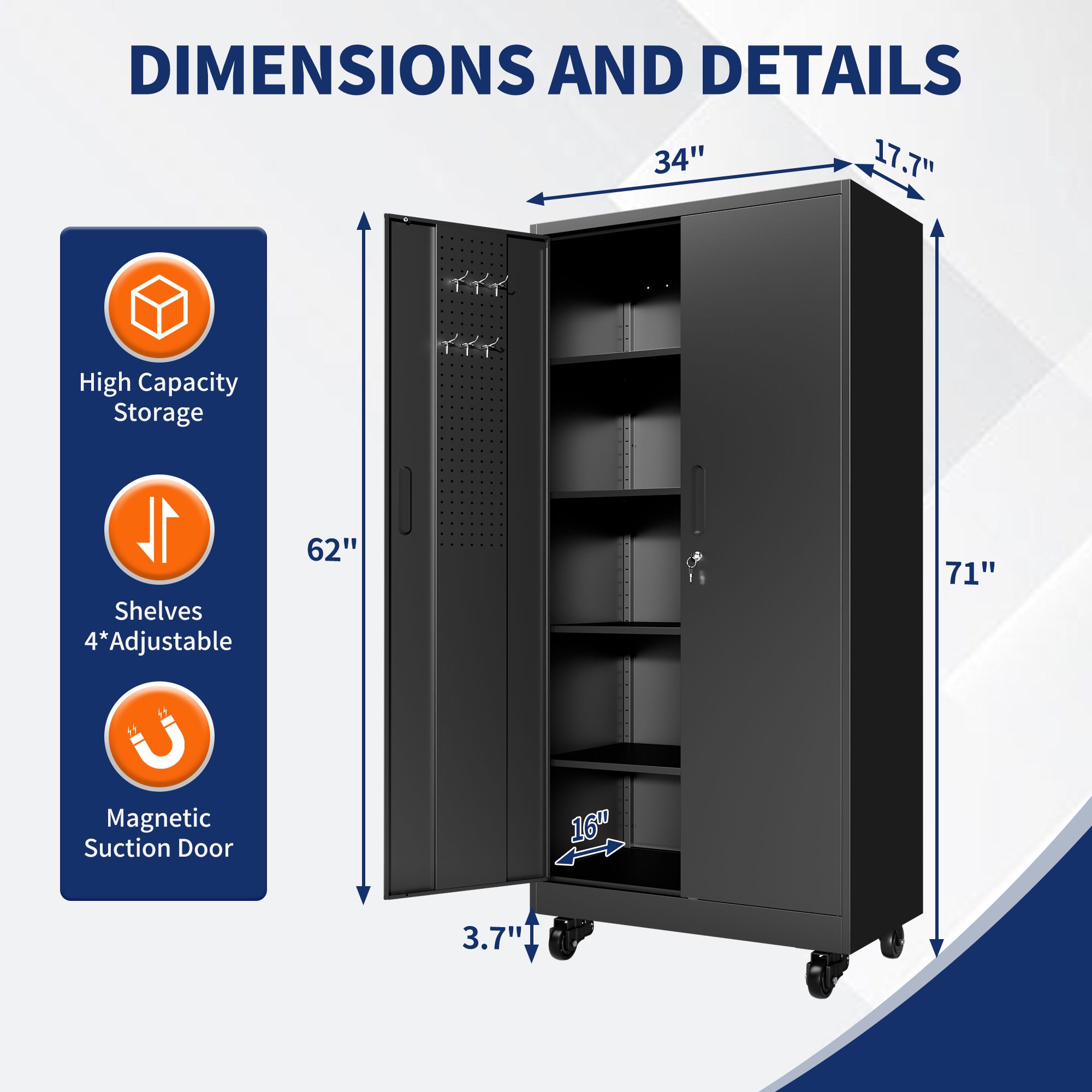 Heavy Duty Metal Storage Cabinet with Doors and Wheels view 2