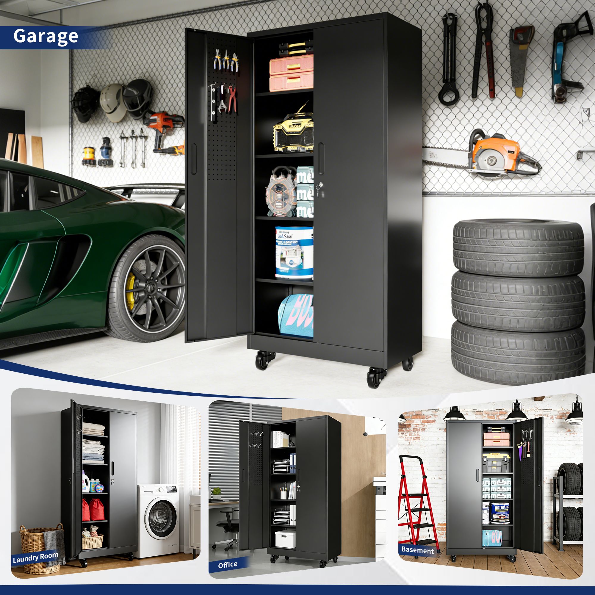 Heavy Duty Metal Storage Cabinet with Doors and Wheels view 4