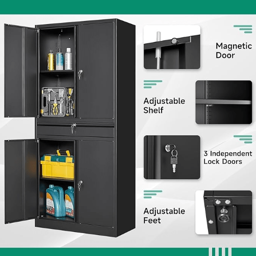 Heavy Duty Steel Storage Cabinet 31.5″ × 15.7″ × 70.9″ Locking Garage Cabinet Black YCSTC07 view 5